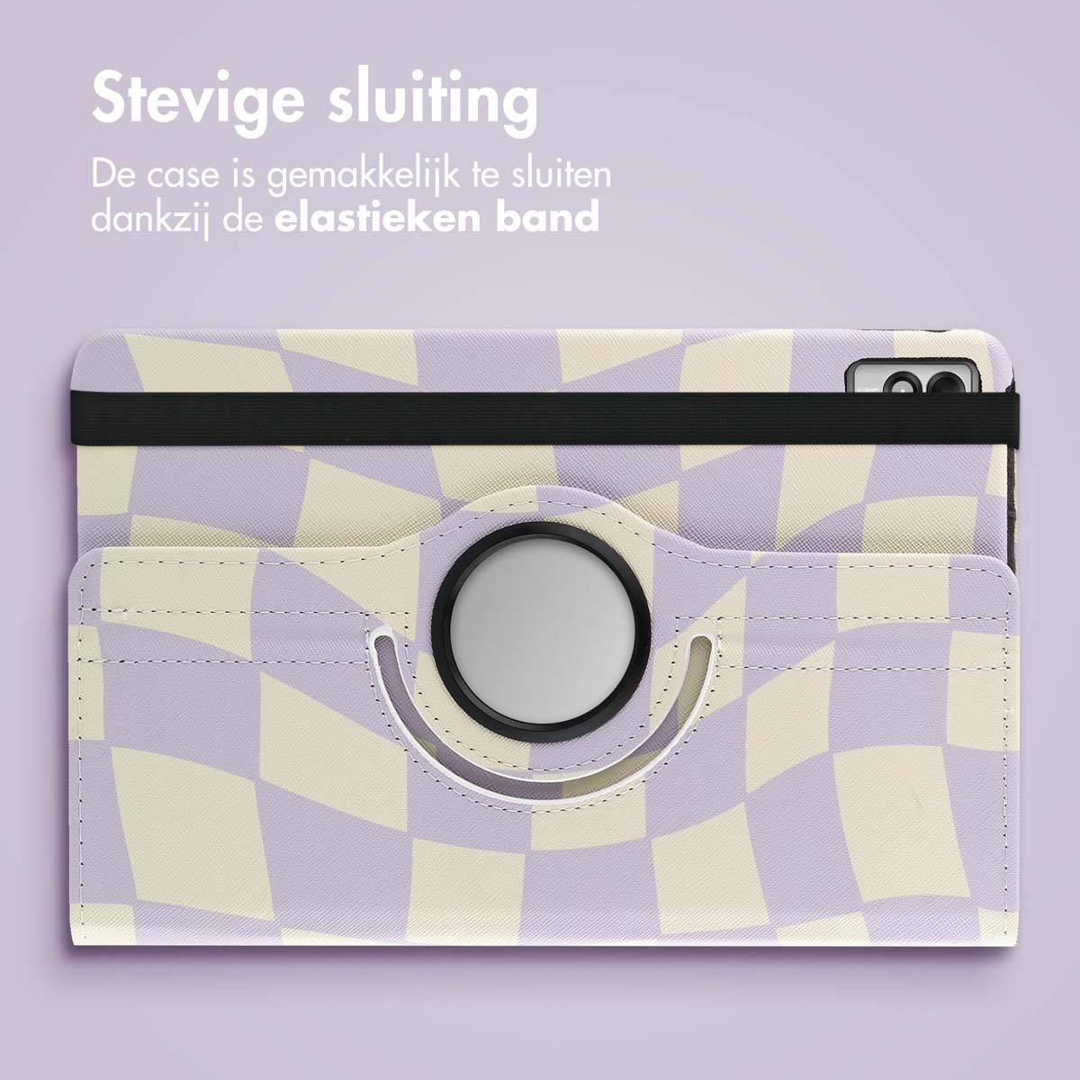 A tablet case with a purple and beige checkered pattern. It is closed and has a black strap.