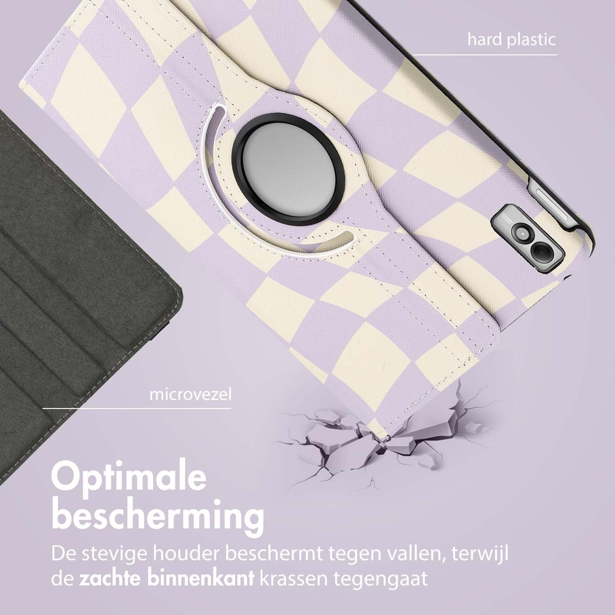 Tablet case with purple and cream checkered pattern, open with tablet inside, black holder.
