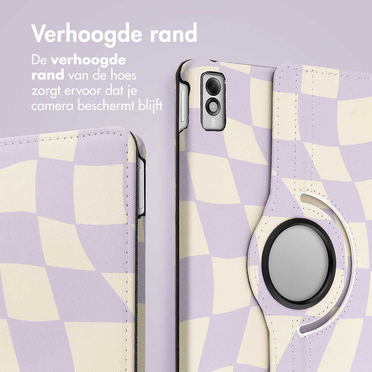 Tablet case with lilac and cream checkered pattern. The case has a rotating ring.
