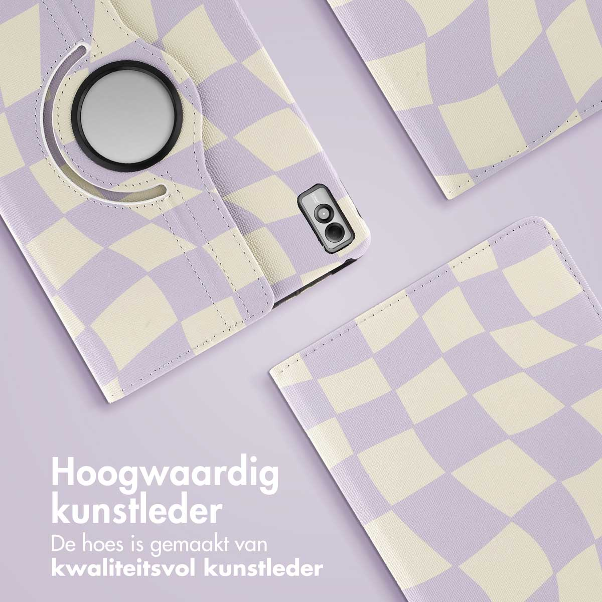 Tablet case parts with a purple and white checkered pattern.