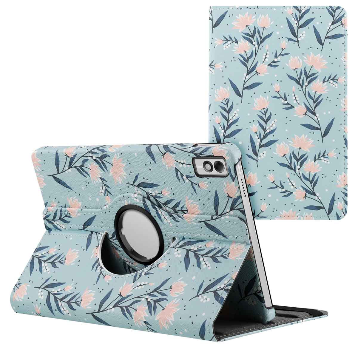 Tablet case with a floral pattern with pink flowers and blue background. Two tablets are displayed.