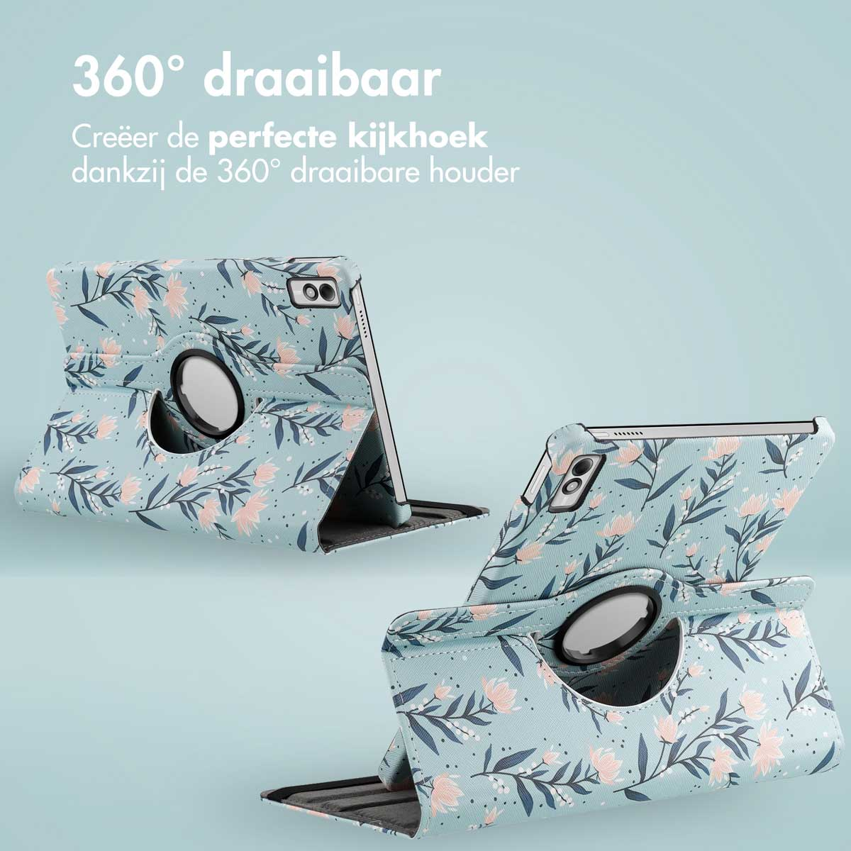 Blue floral tablet case with tablet shown in different positions. Text is in Dutch.