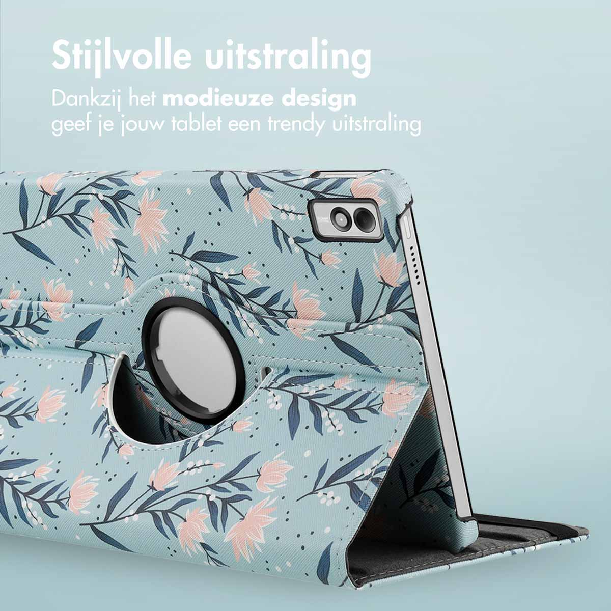Blue floral tablet case with pink flowers and green leaves, angled, on a light blue backdrop.