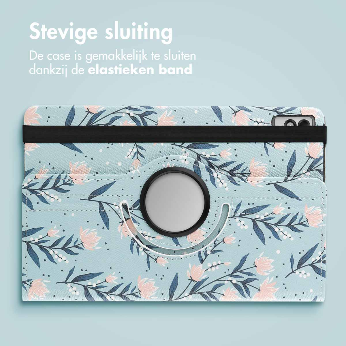 Tablet case with floral pattern, black band. The case is light blue.