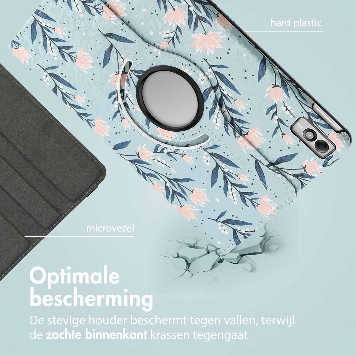 Tablet case with blue floral pattern, rotating ring, and text about protection. Microfiber and hard plastic.