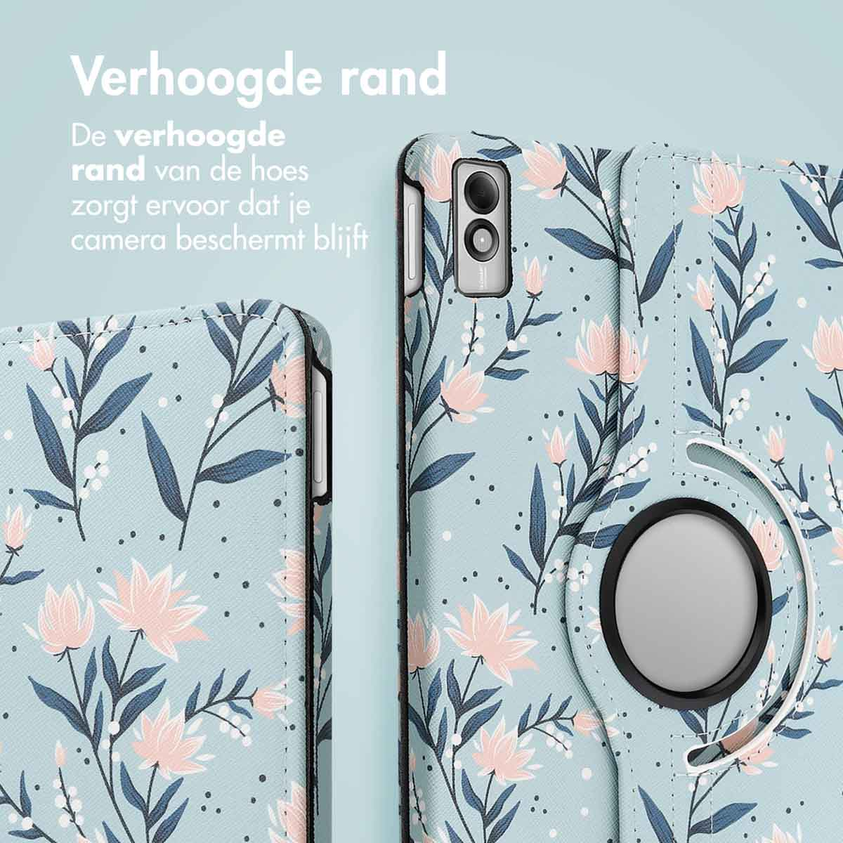 Blue phone case with floral pattern. The case has a raised edge to protect the camera. 