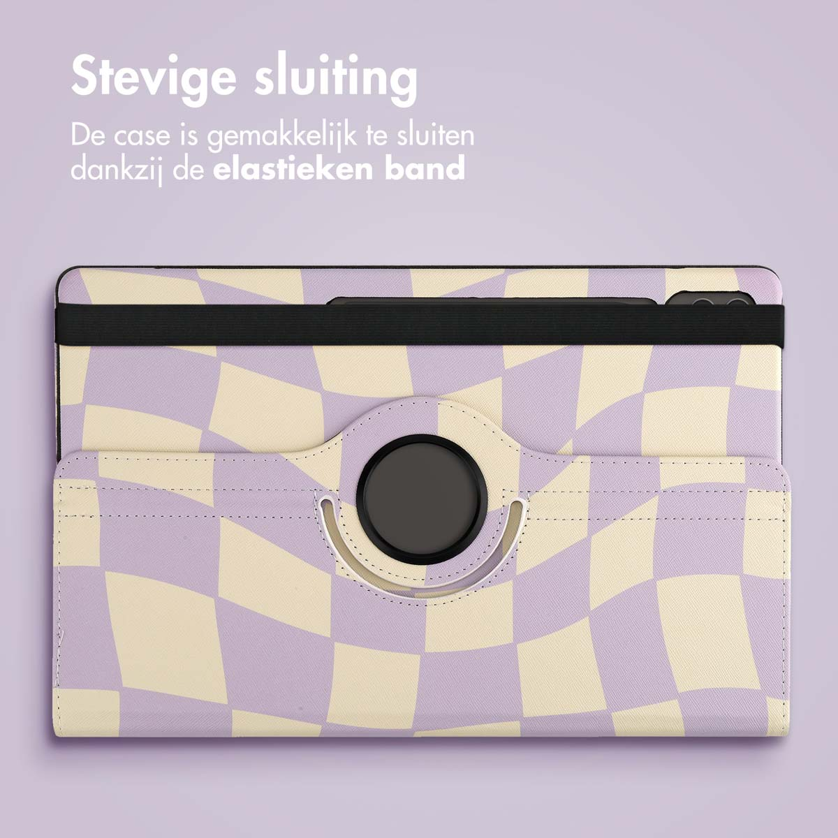 Paarse en crème geruite tablethoes met een zwarte elastische band.