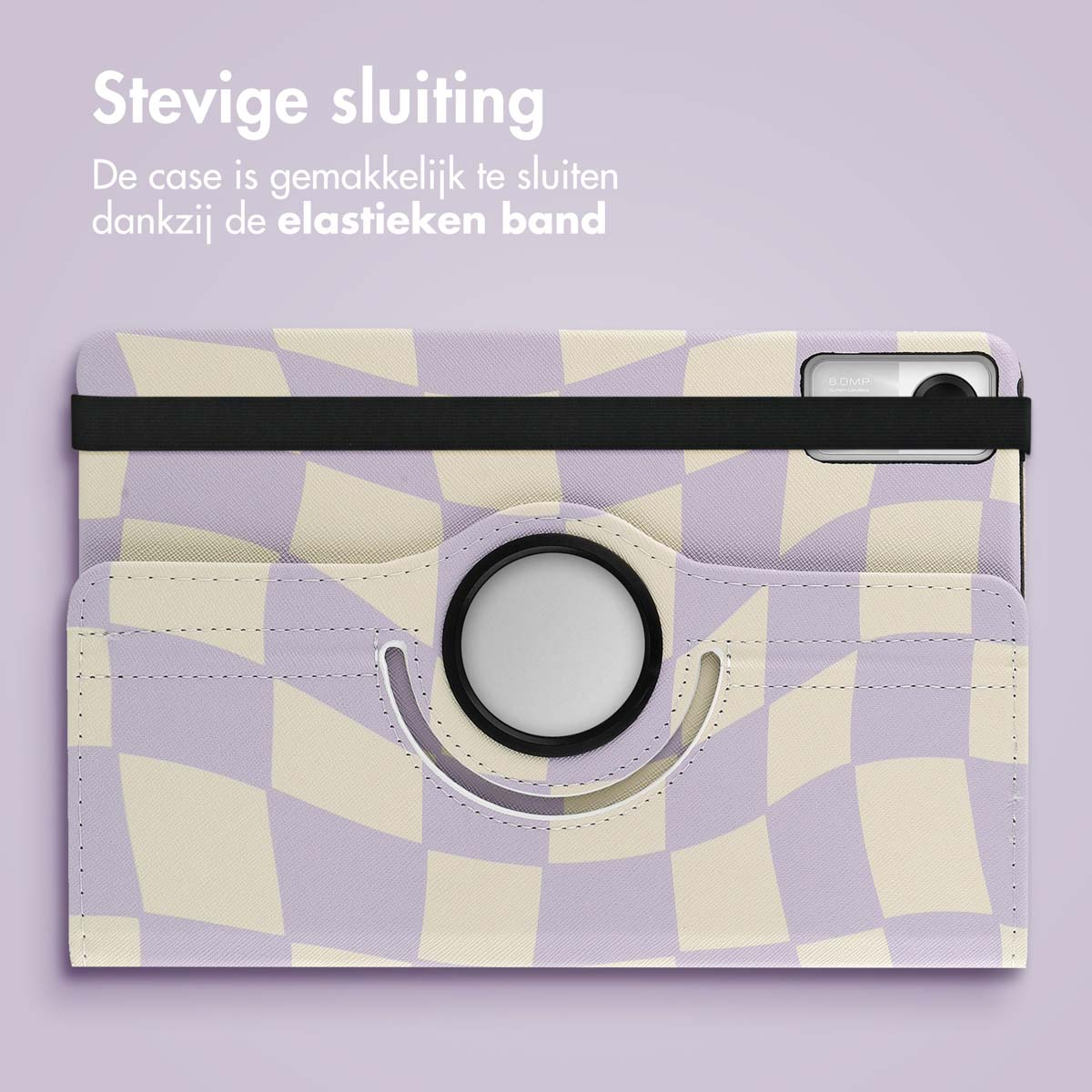 Tablet case with a checkered pattern in purple and white, with black band.