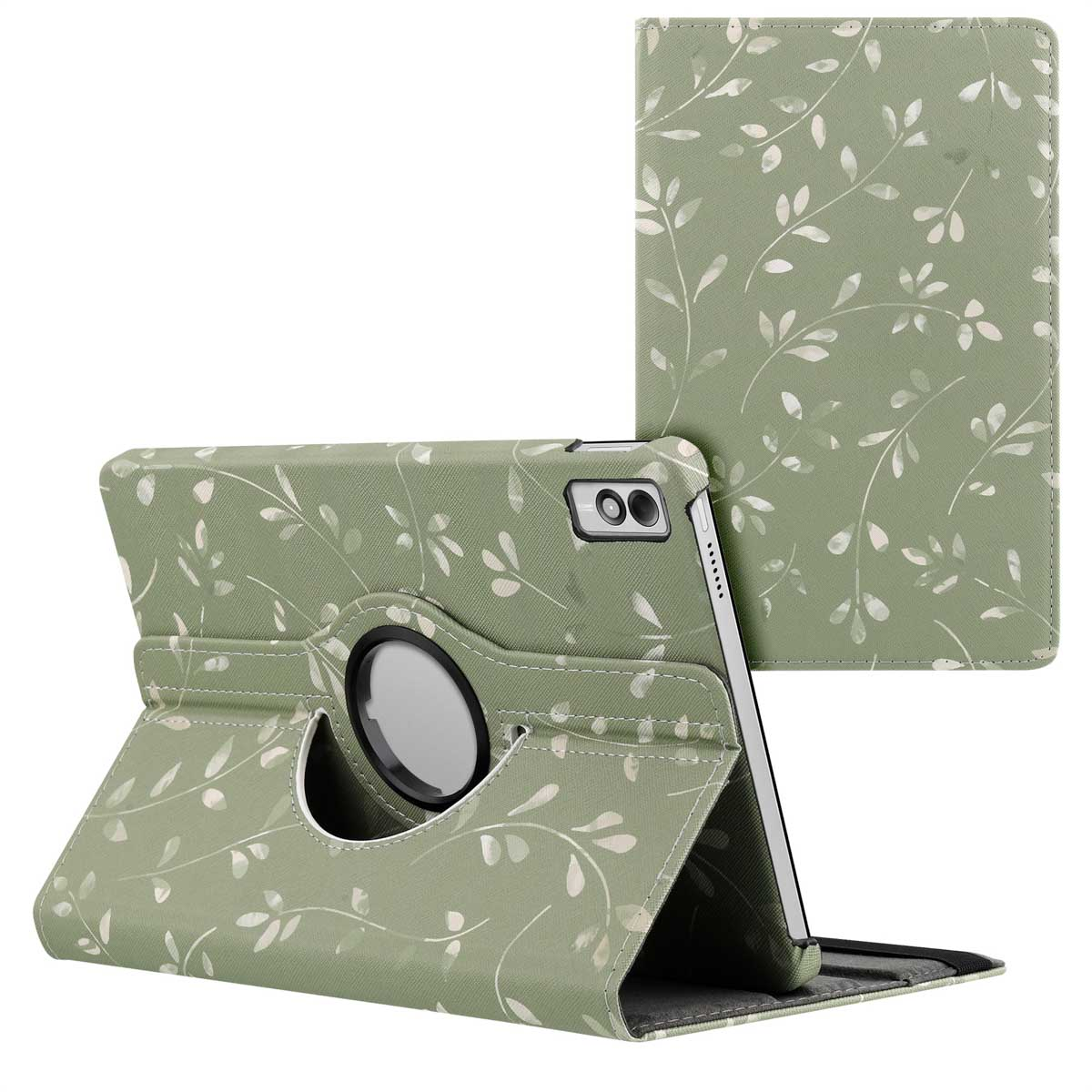Green tablet case with white leaf pattern. Tablet is propped up. The case has a swivel feature.