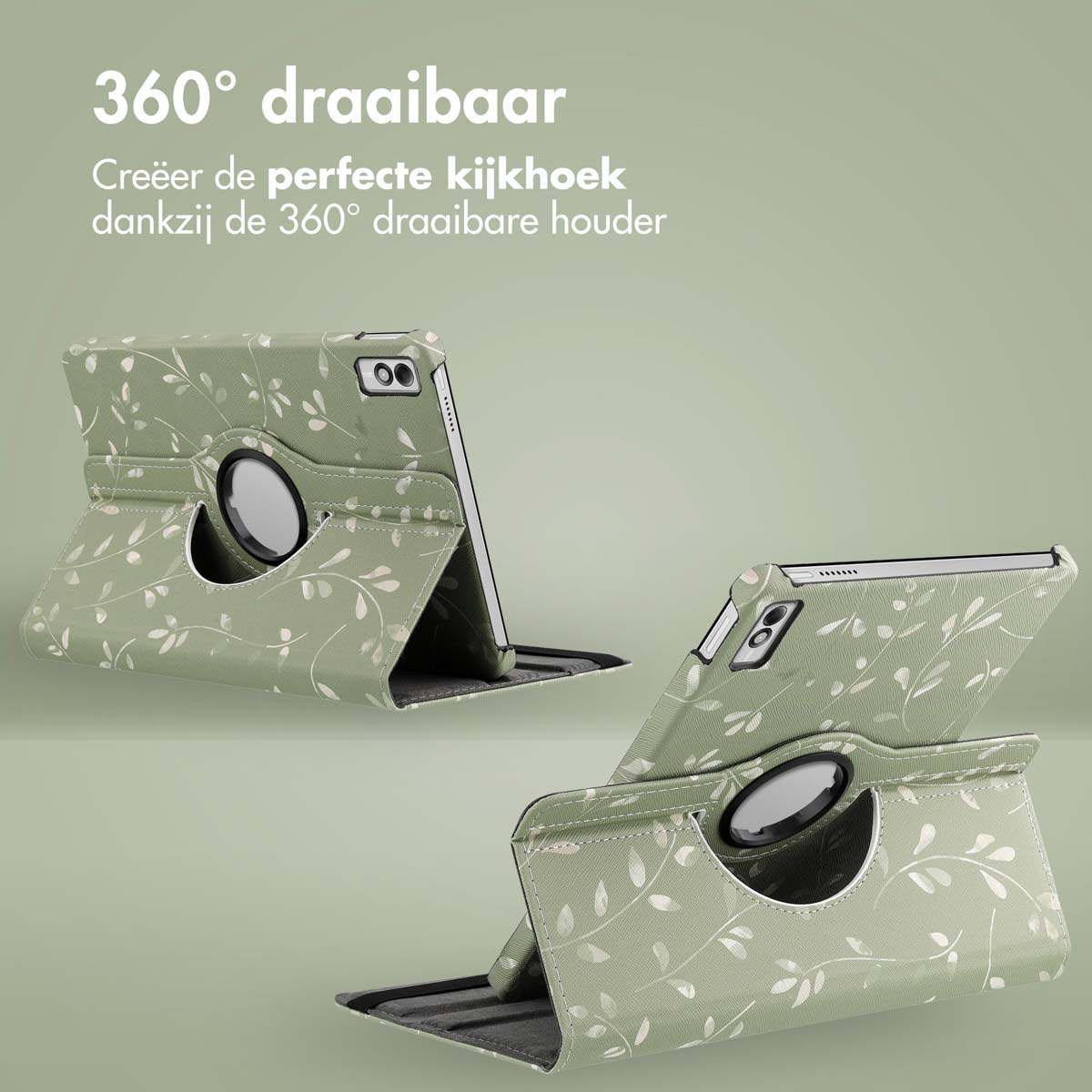 Two tablet cases with green leaf pattern. One is angled up, the other down, showing the screen. 