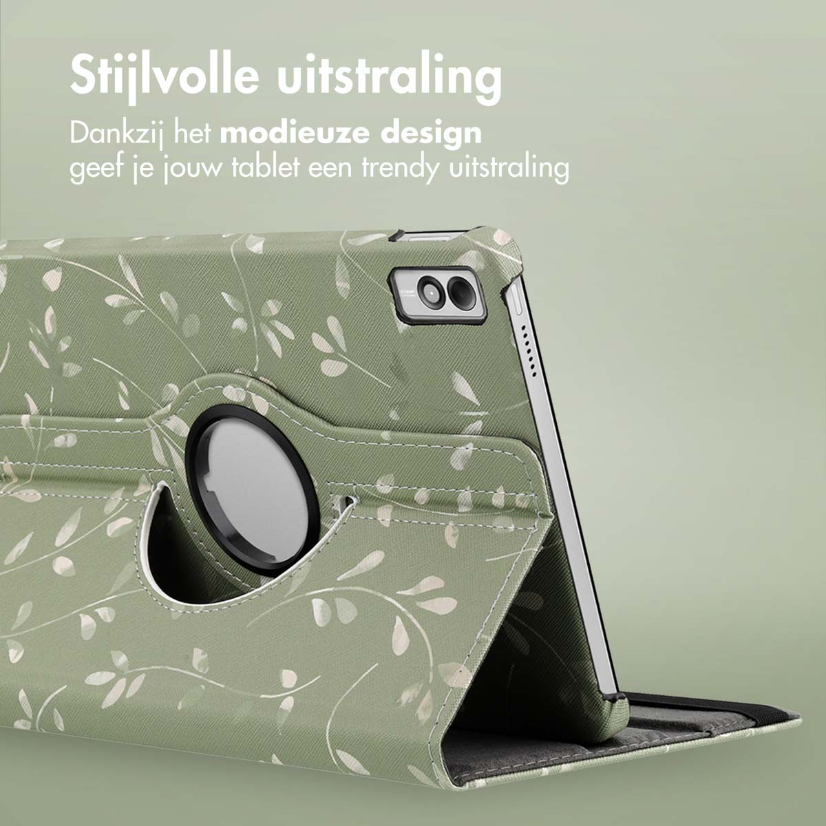 Tablet case with a floral design. Green background, text in Dutch. Tablet angled.