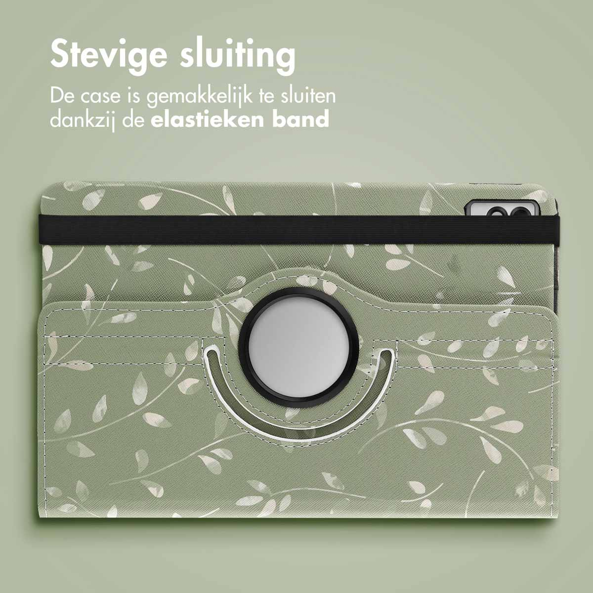 Green tablet case with white leaves pattern. It has a slot for the camera and a black band.