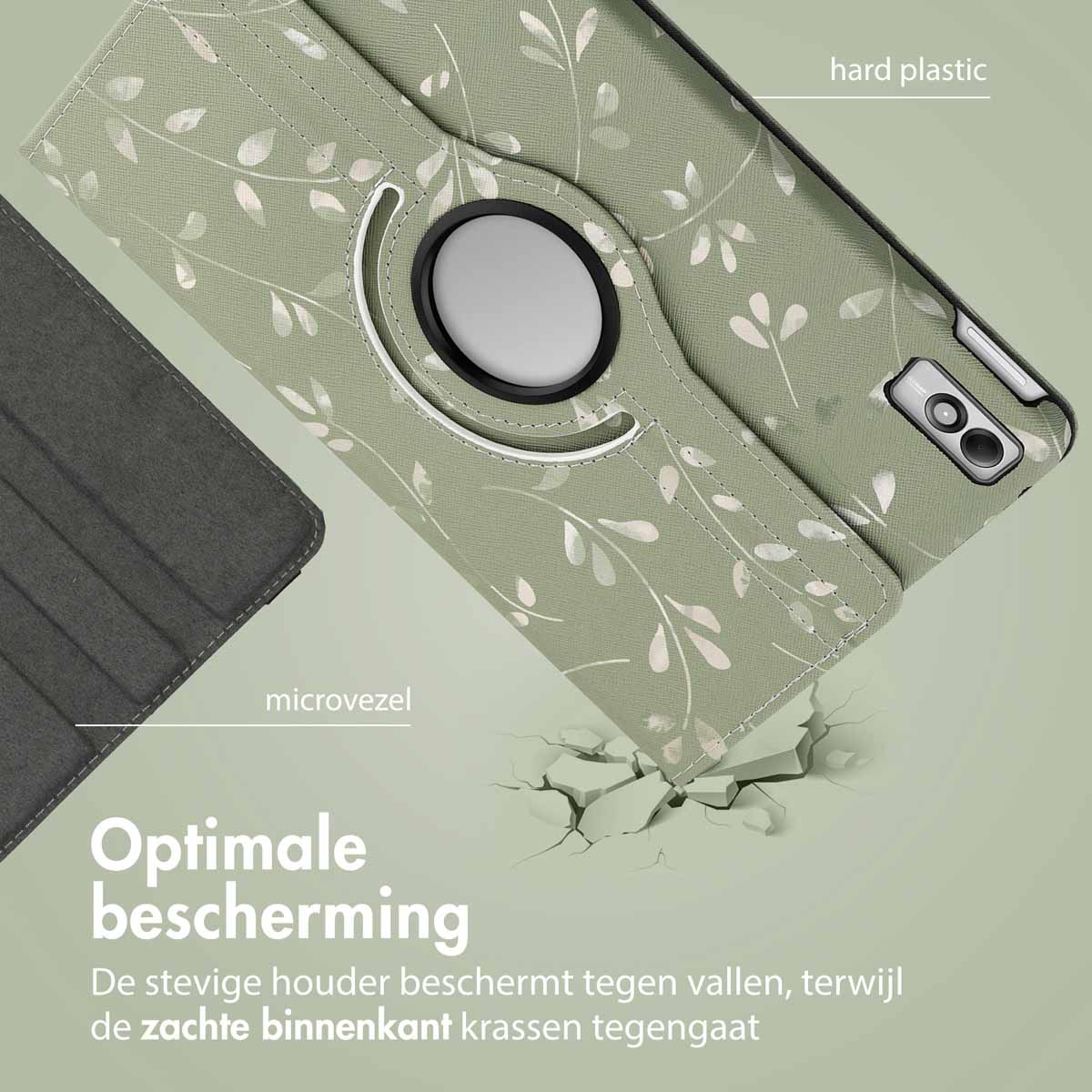 A tablet case with a floral design in green and white. The case is open, with a tablet inside and text.