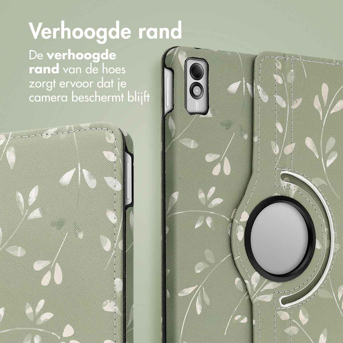 Tablet case, green with leaf pattern. Features raised edge for camera protection.
