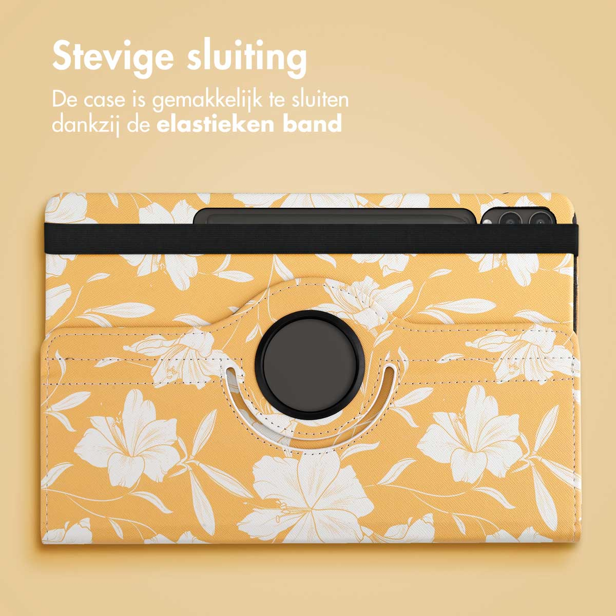 Yellow floral tablet case with an elastic band closure, and a white floral design on the case.