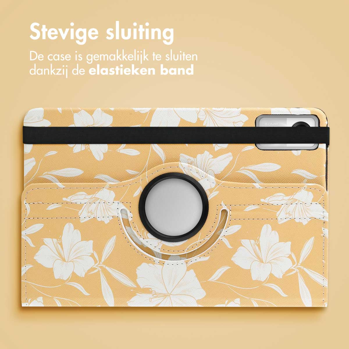 Tablet case with yellow floral pattern. It is closed with a black strap.