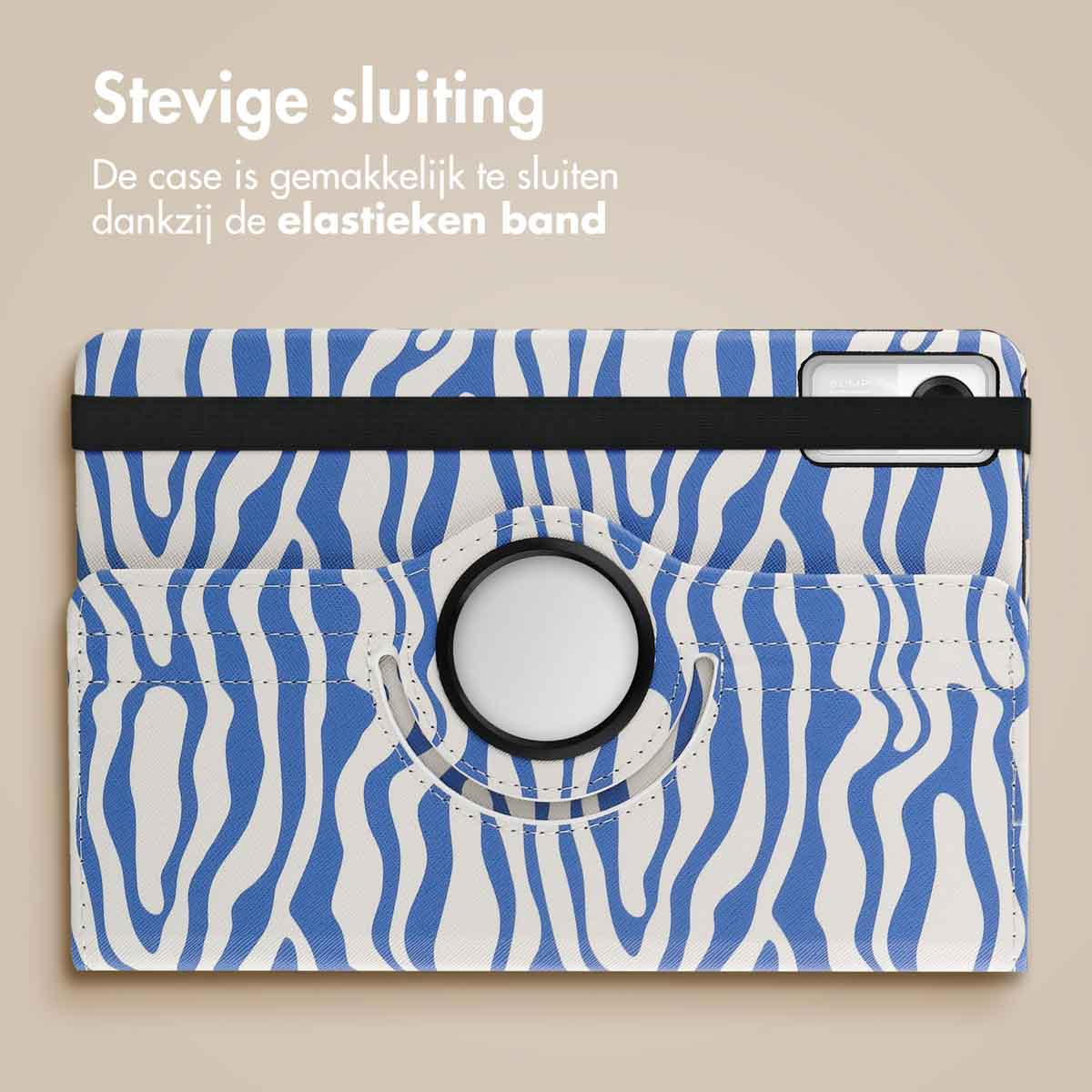Tablet case with blue and white zebra stripes. The case is closed, secured with a black elastic band.