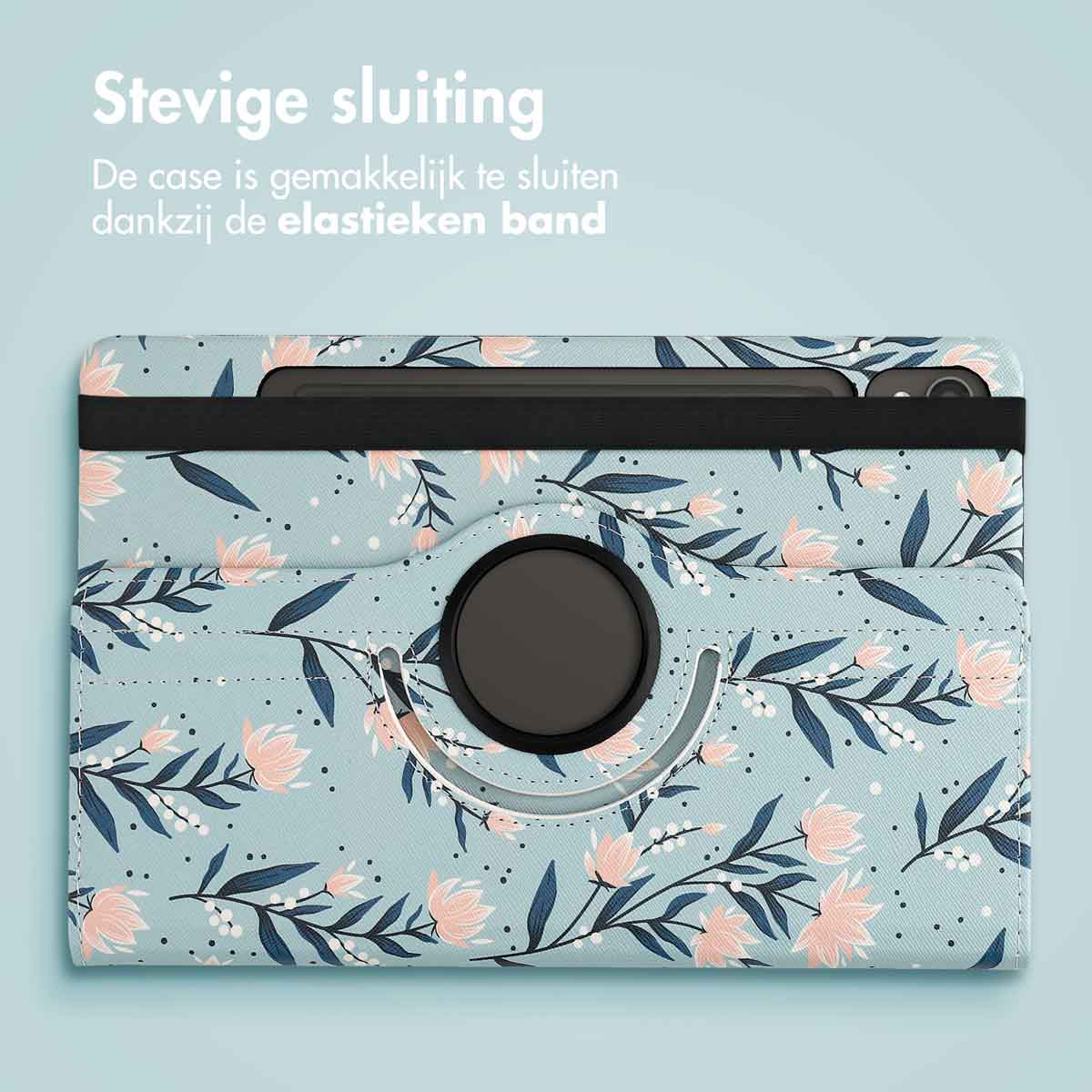 Tablet case with floral pattern in teal and pink, black elastic band, and rotating ring.