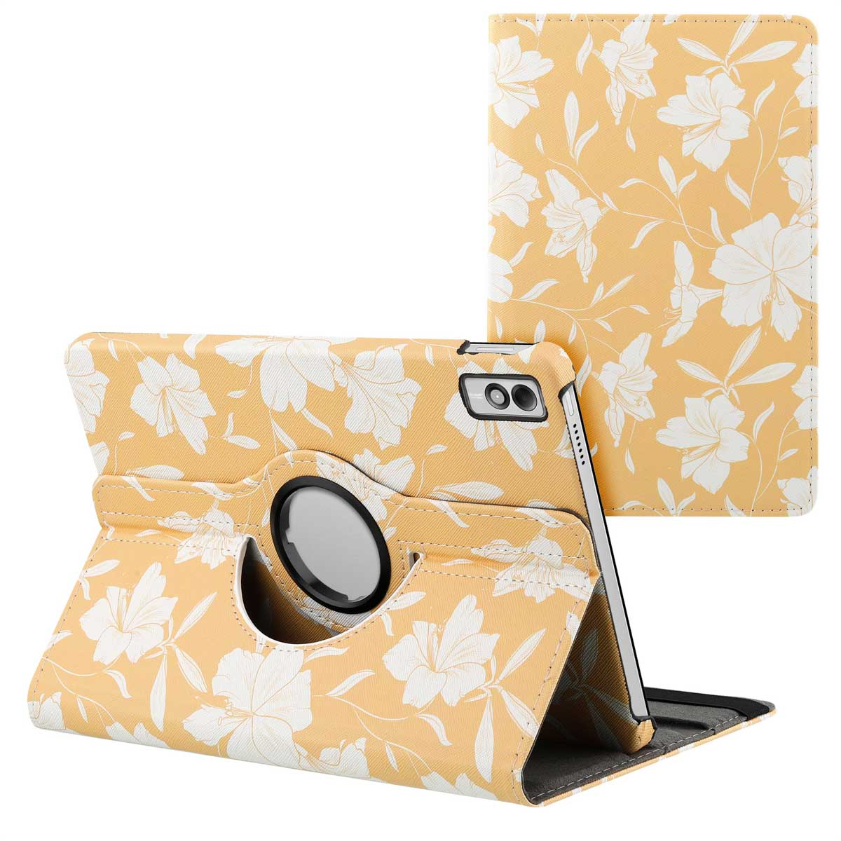 Yellow floral tablet case with tablet, showing front and back. Text is in Dutch.