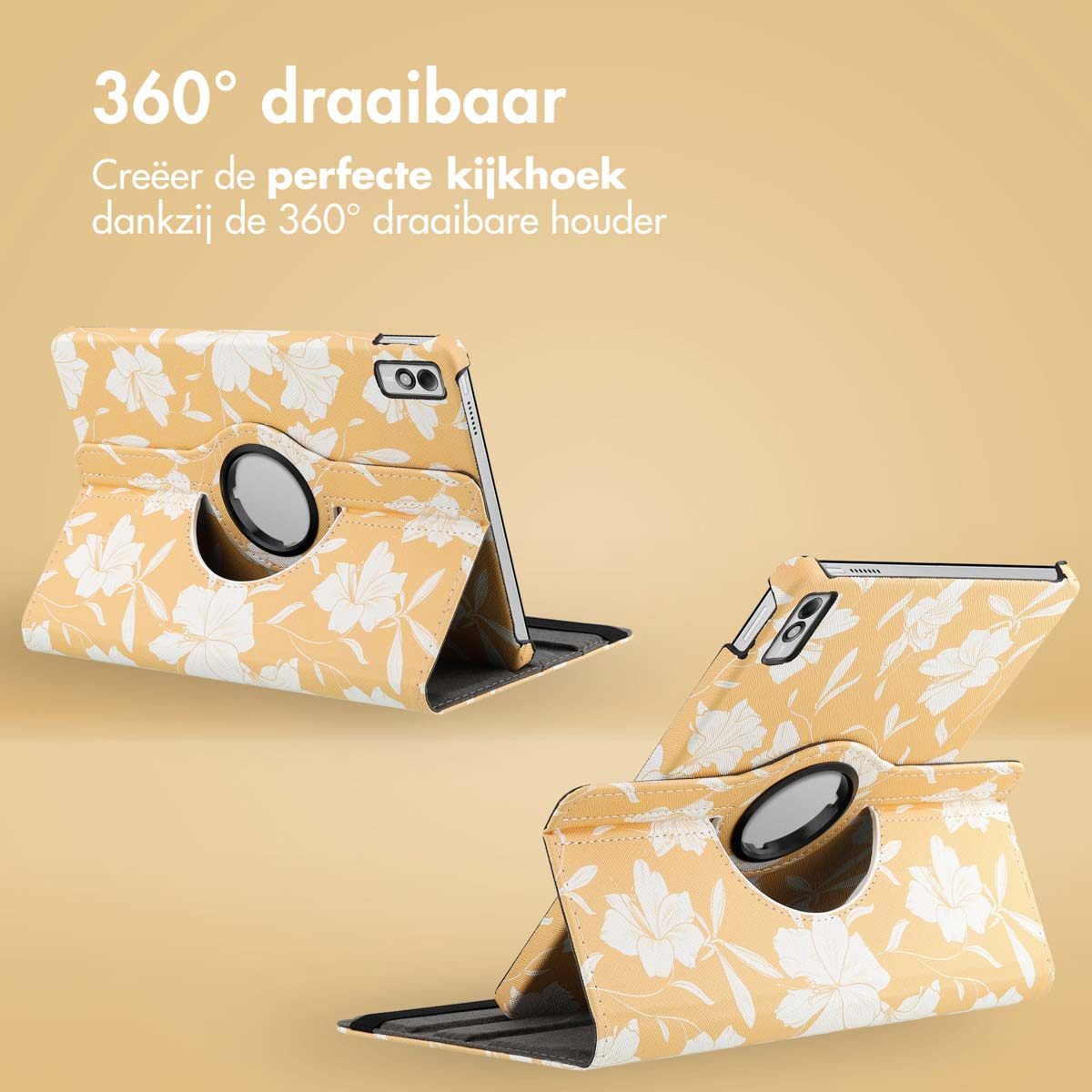 Tablet case with yellow floral pattern. Black camera ring. Multiple views.
