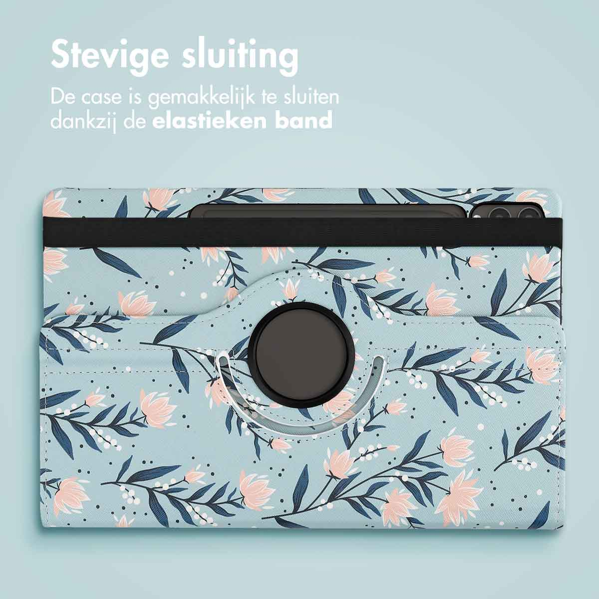 Tablethoes met blauw bloemenpatroon. Heeft een zwarte elastische band.