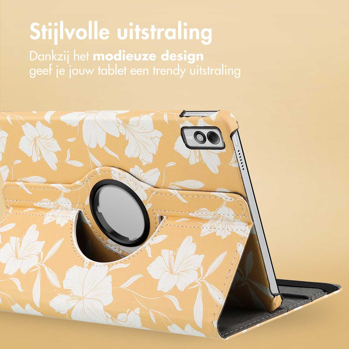 Tablet case with a yellow floral pattern. The tablet is visible inside. A black circle is centered on the front.