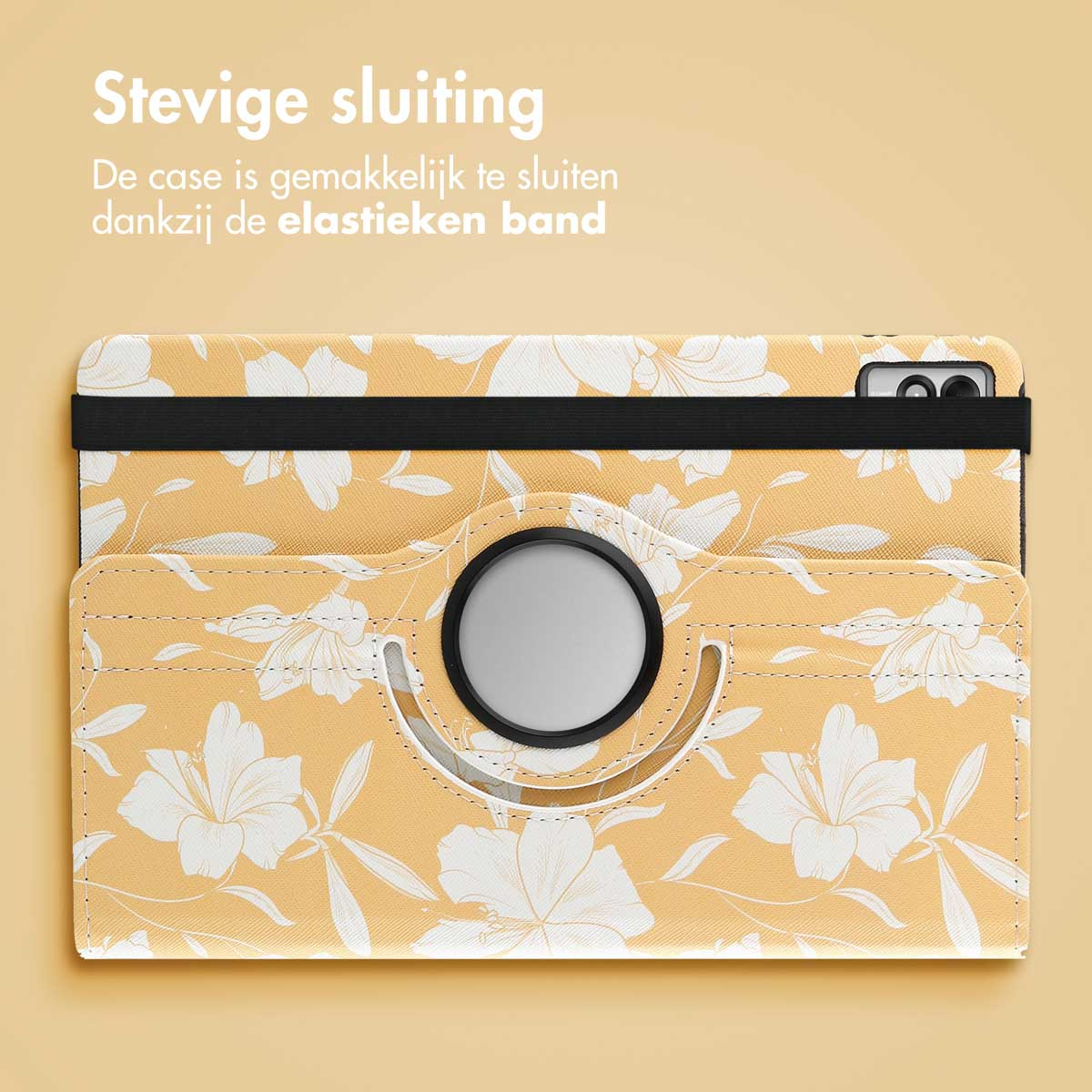 Yellow tablet case with white floral design and a black band. It has a slot for the camera.