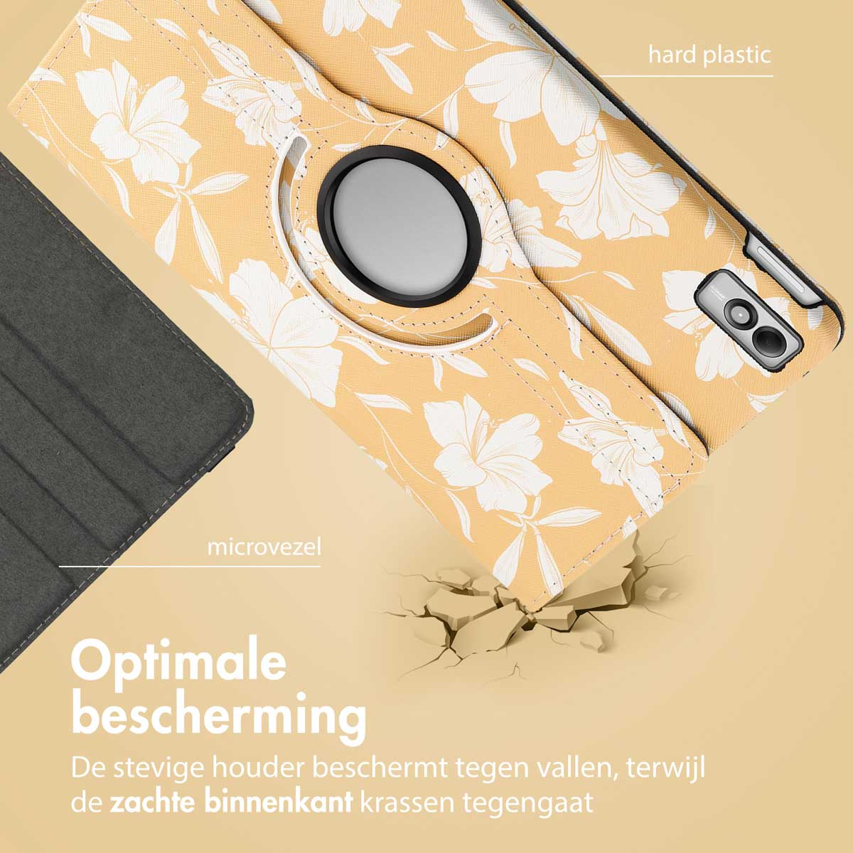 Tablet case, yellow with white floral pattern. Features hard plastic and microfiber.