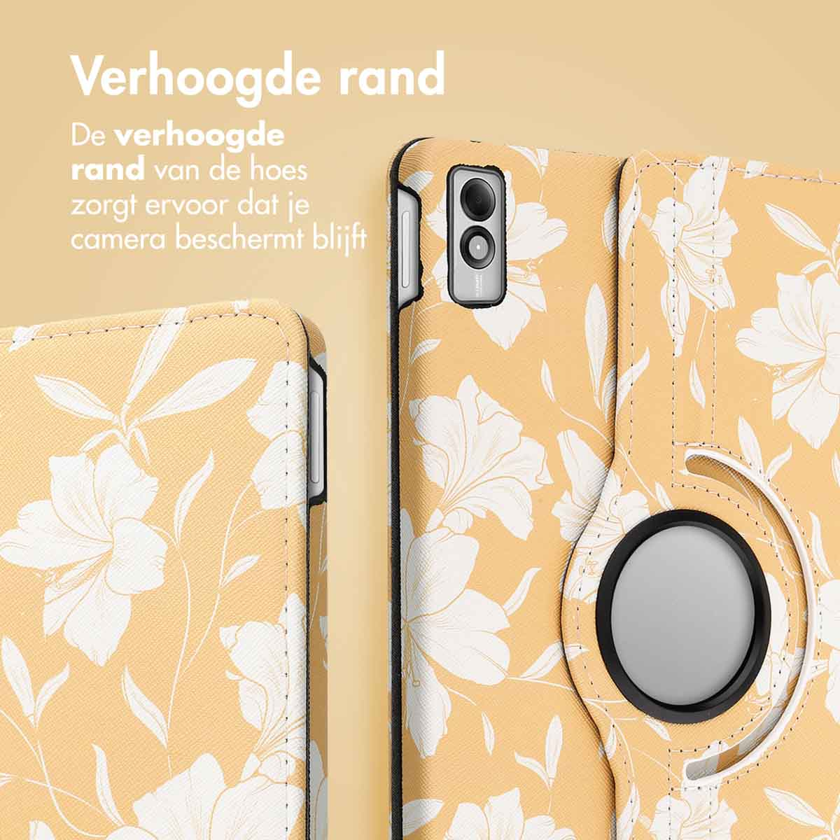 Tablet case with floral pattern, yellow background, with camera details.
