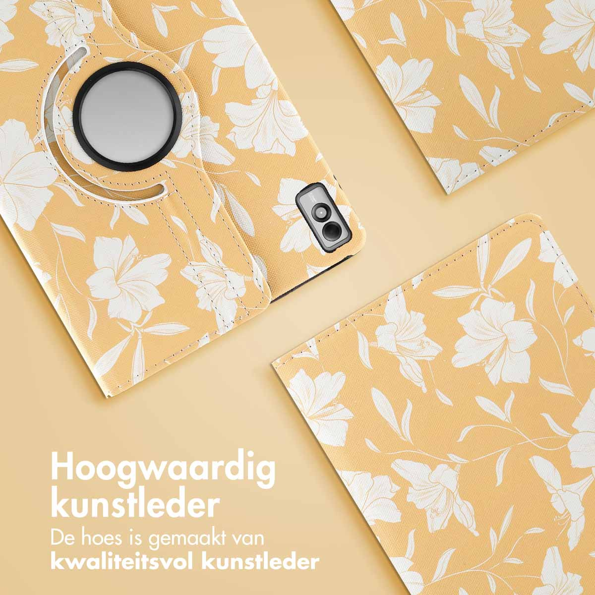 Tablet case parts with a yellow floral pattern.