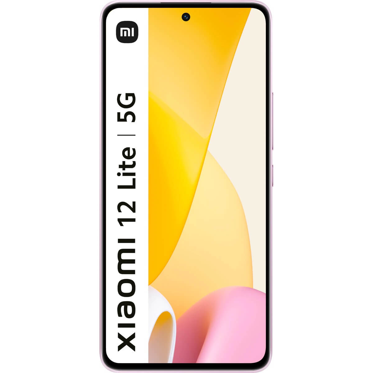 Een roze Xiaomi 12 Lite 5G smartphone, met een display met een kleurrijke achtergrond.