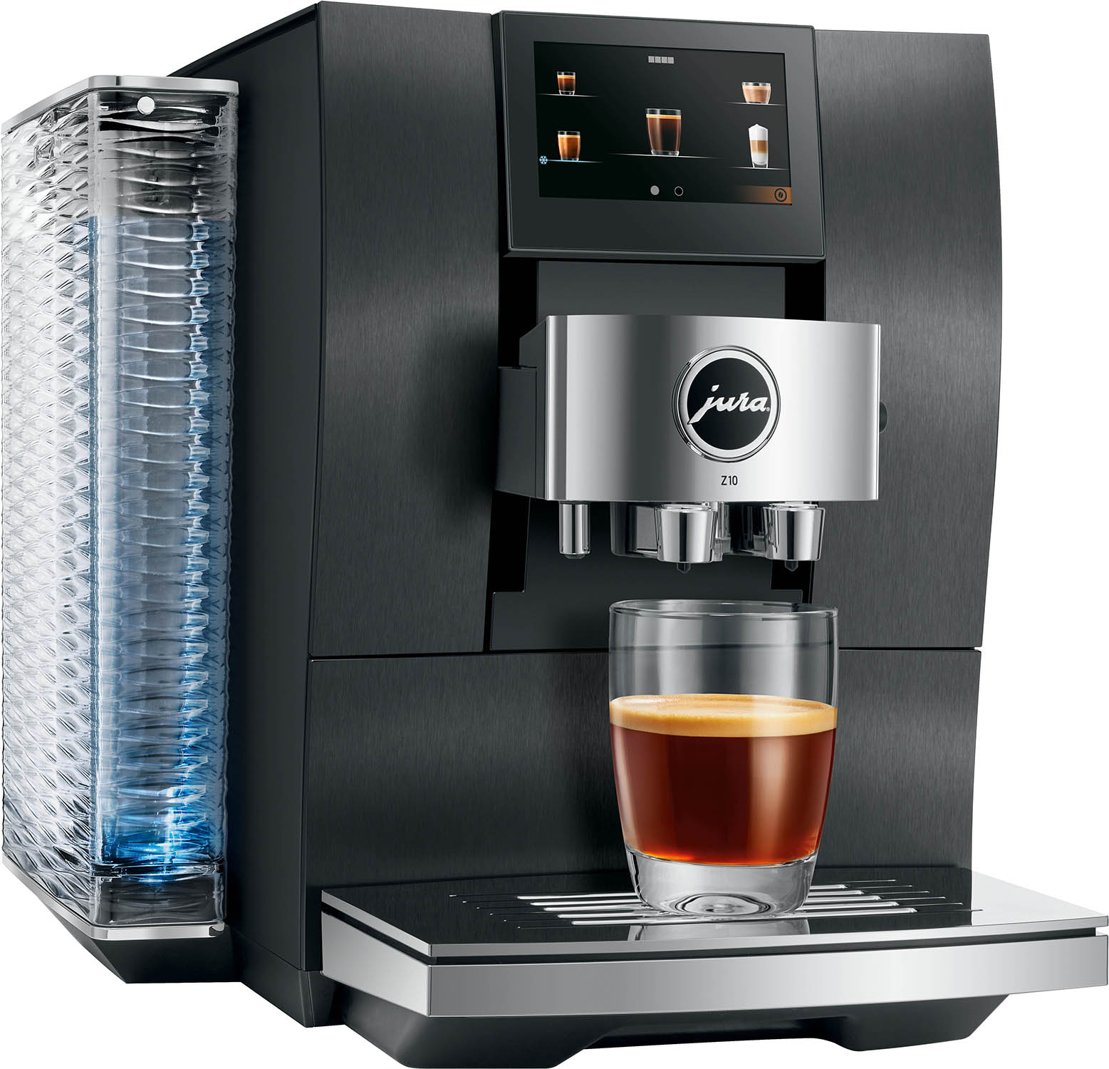 Czarny ekspres do kawy Jura Z10 ze szklanką kawy na tacy. Uchwyt na kubek widoczny po lewej stronie.