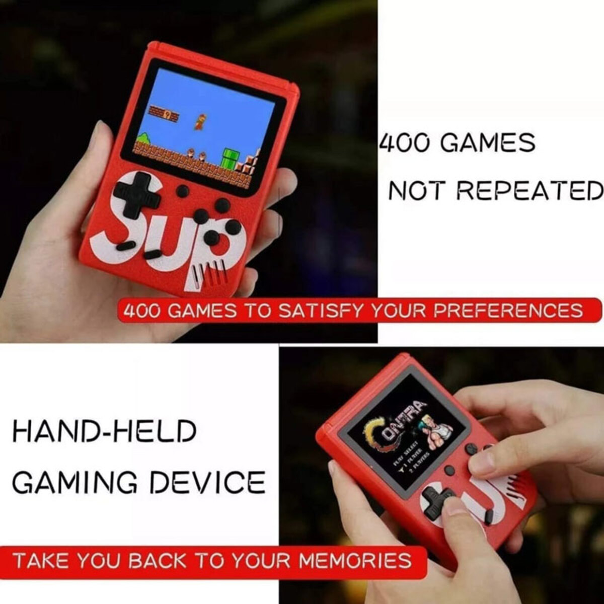 Dispositivo de juego portátil rojo con dos pantallas mostrando un juego y texto.