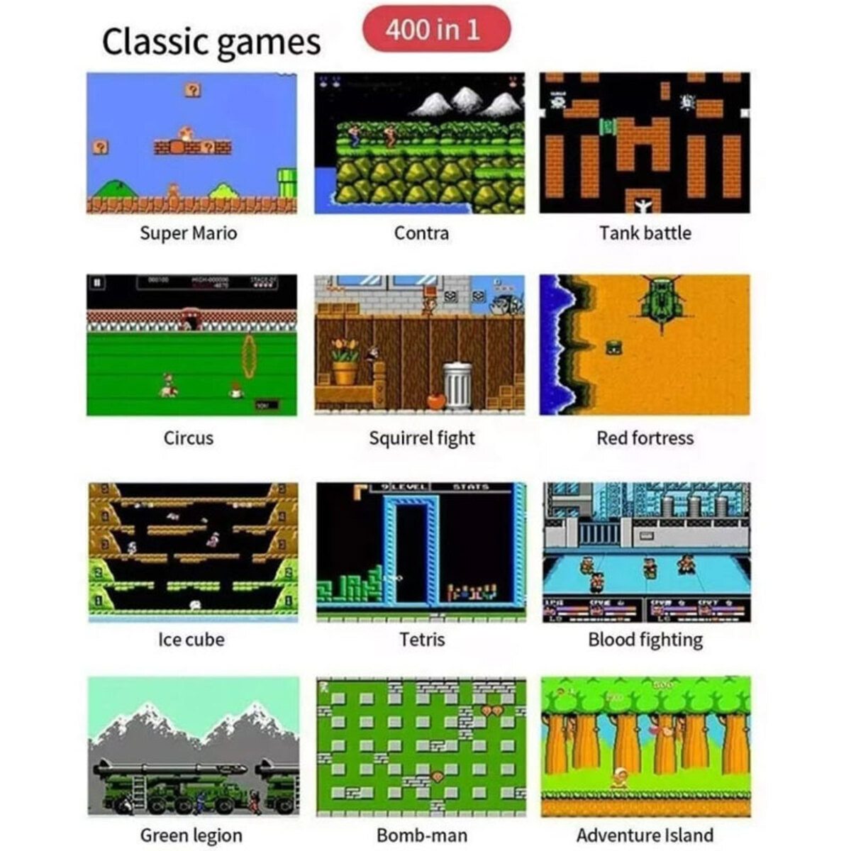 Una cuadrícula de capturas de pantalla de videojuegos clásicos: Super Mario, Contra, Tank Battle, Circus.