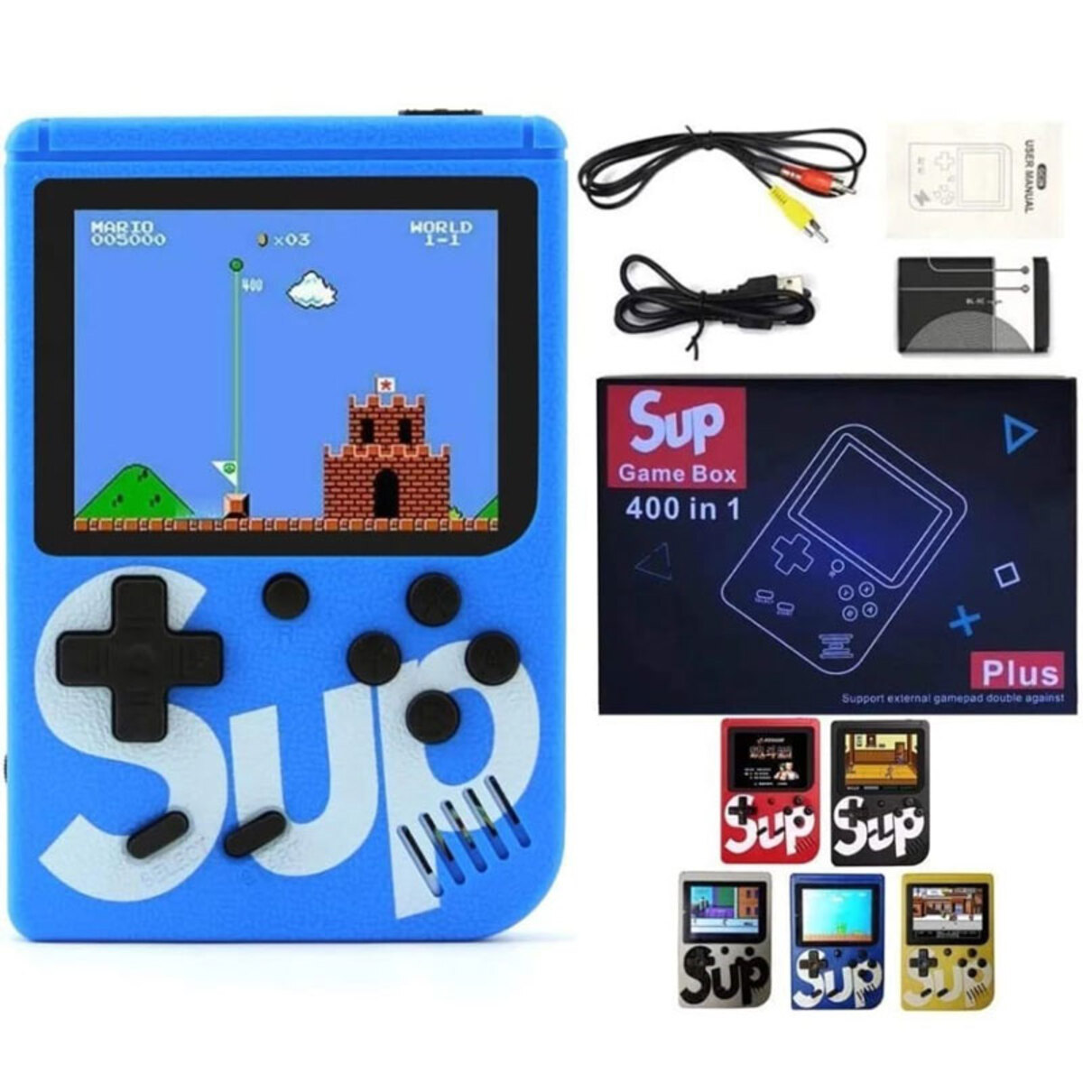 Una consola de juegos portátil azul con una pantalla que muestra una escena de juego pixelada.