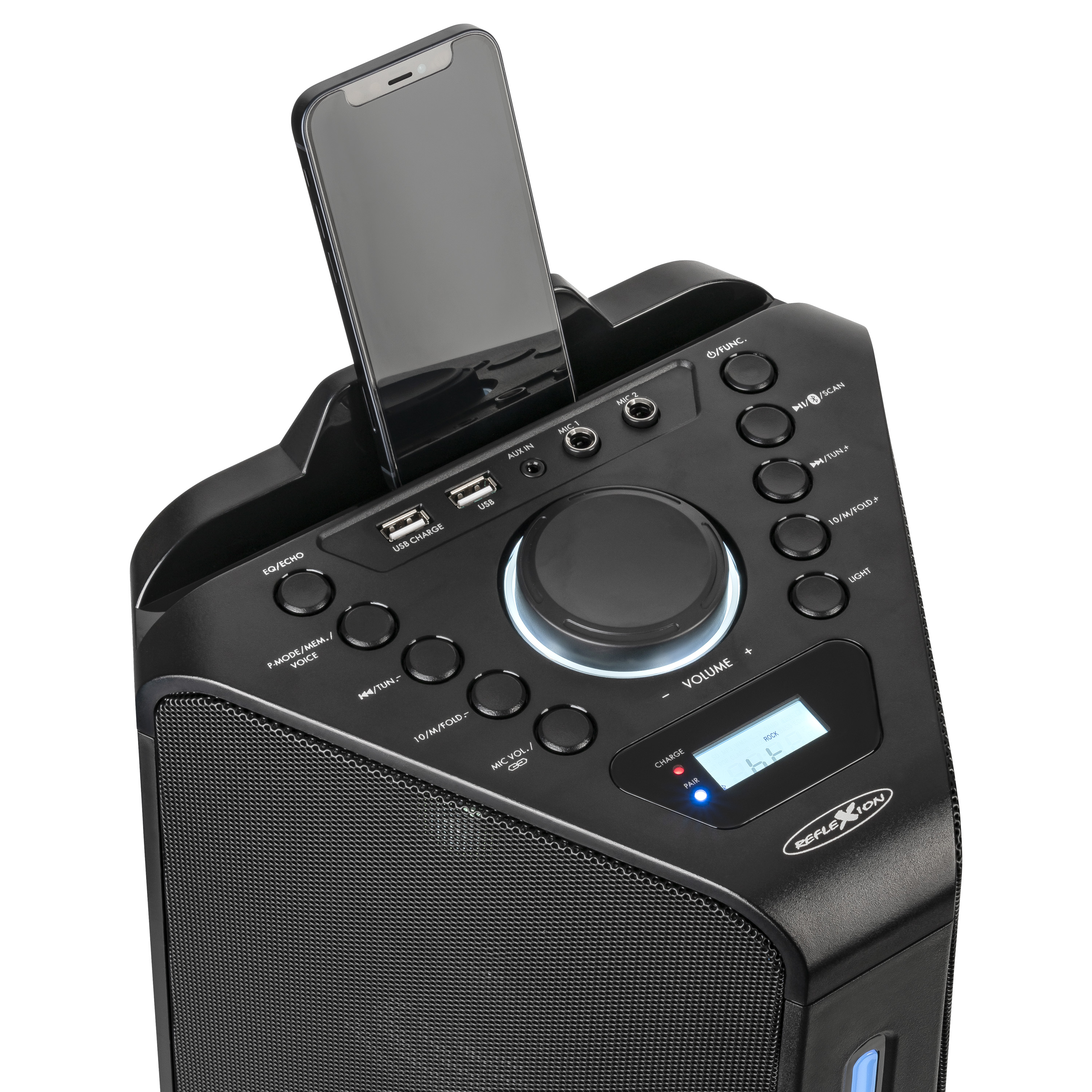 Altoparlante nero con supporto per telefono, pulsanti di controllo e display blu.