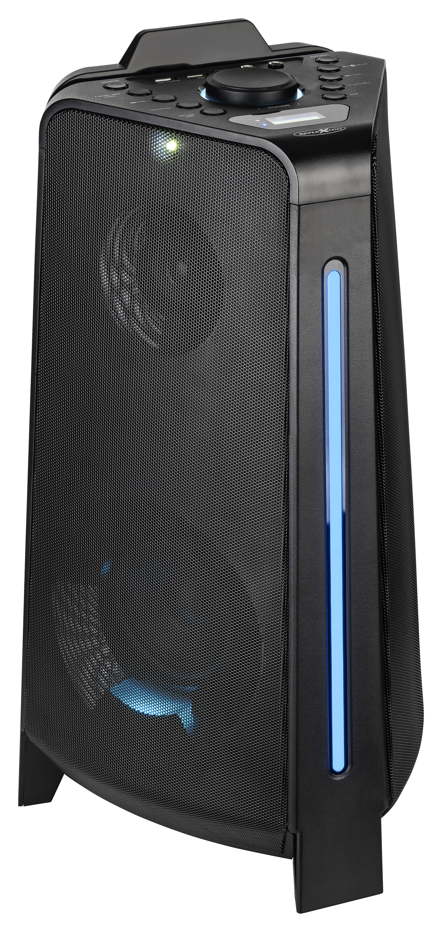 Altoparlante nero alto con accenti di luce blu, frontale a rete e pannello di controllo.