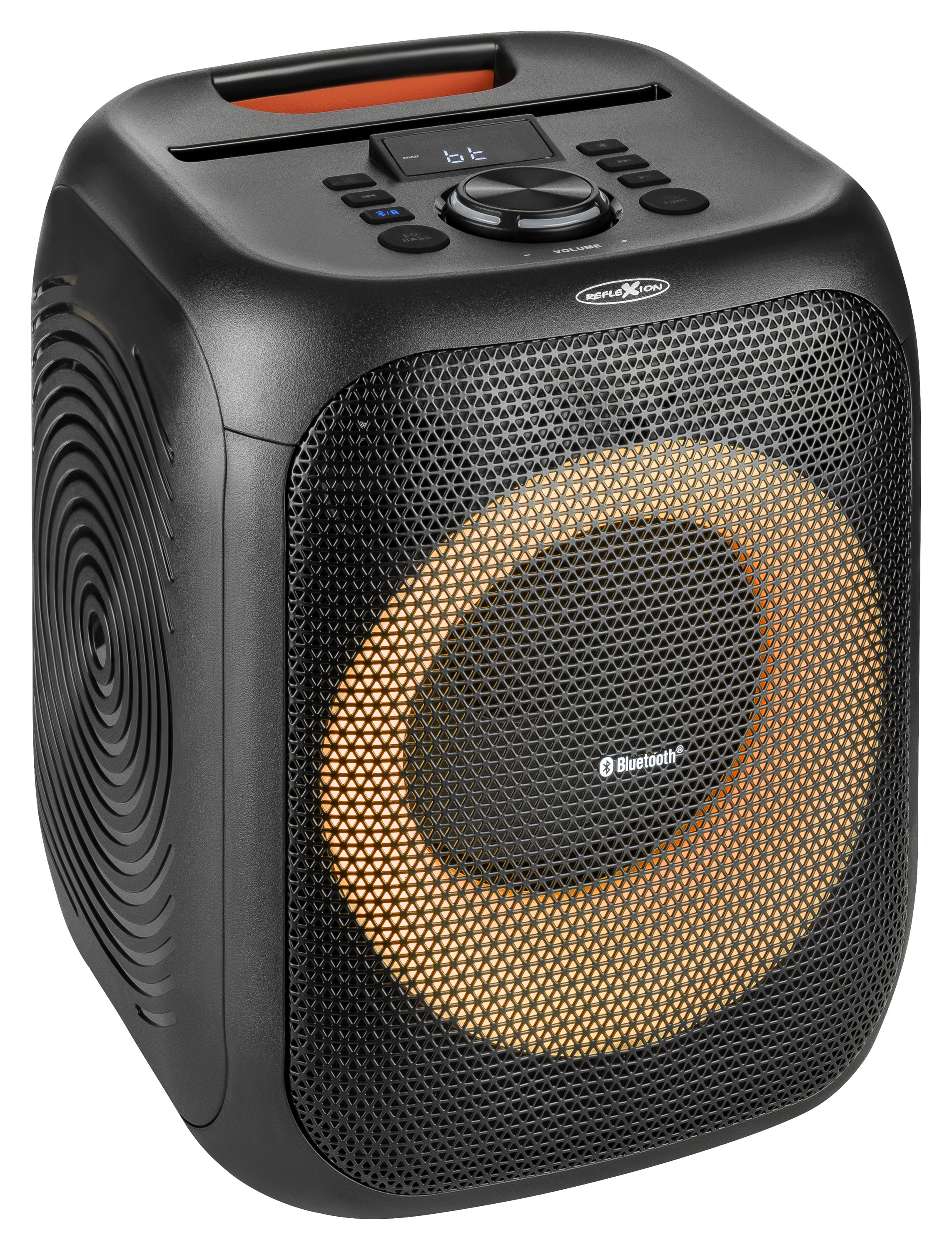 Schwarzer Lautsprecher mit orangefarbenem Leuchtzentrum. Bedienelemente oben. Bluetooth-Logo.