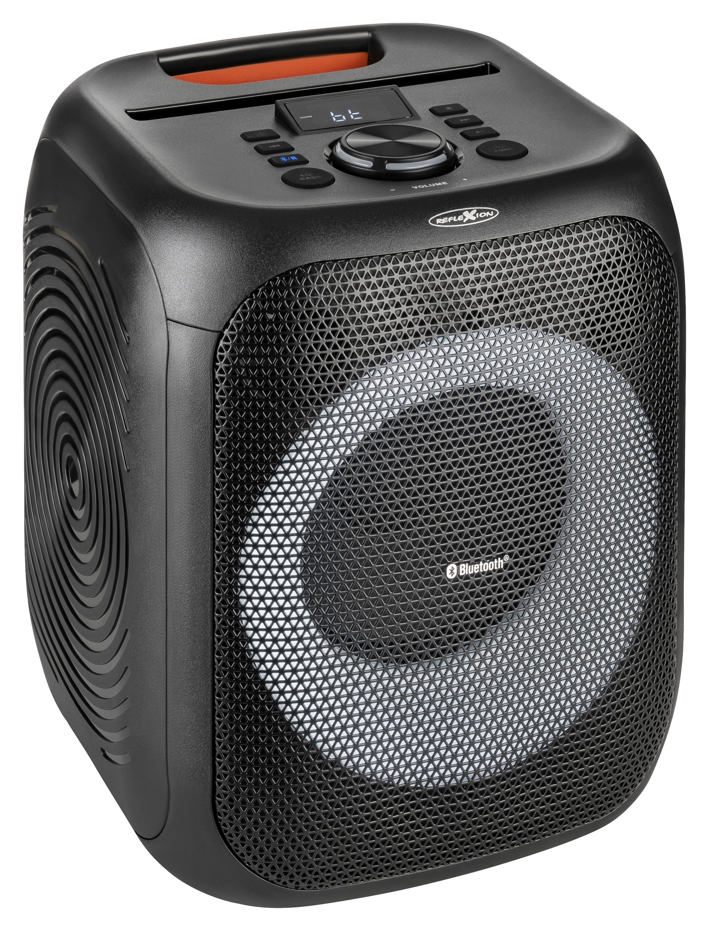 Schwarzer Lautsprecher mit Mesh-Front und weißem Lichtring. Bedienelemente sind sichtbar. Bluetooth-Logo.
