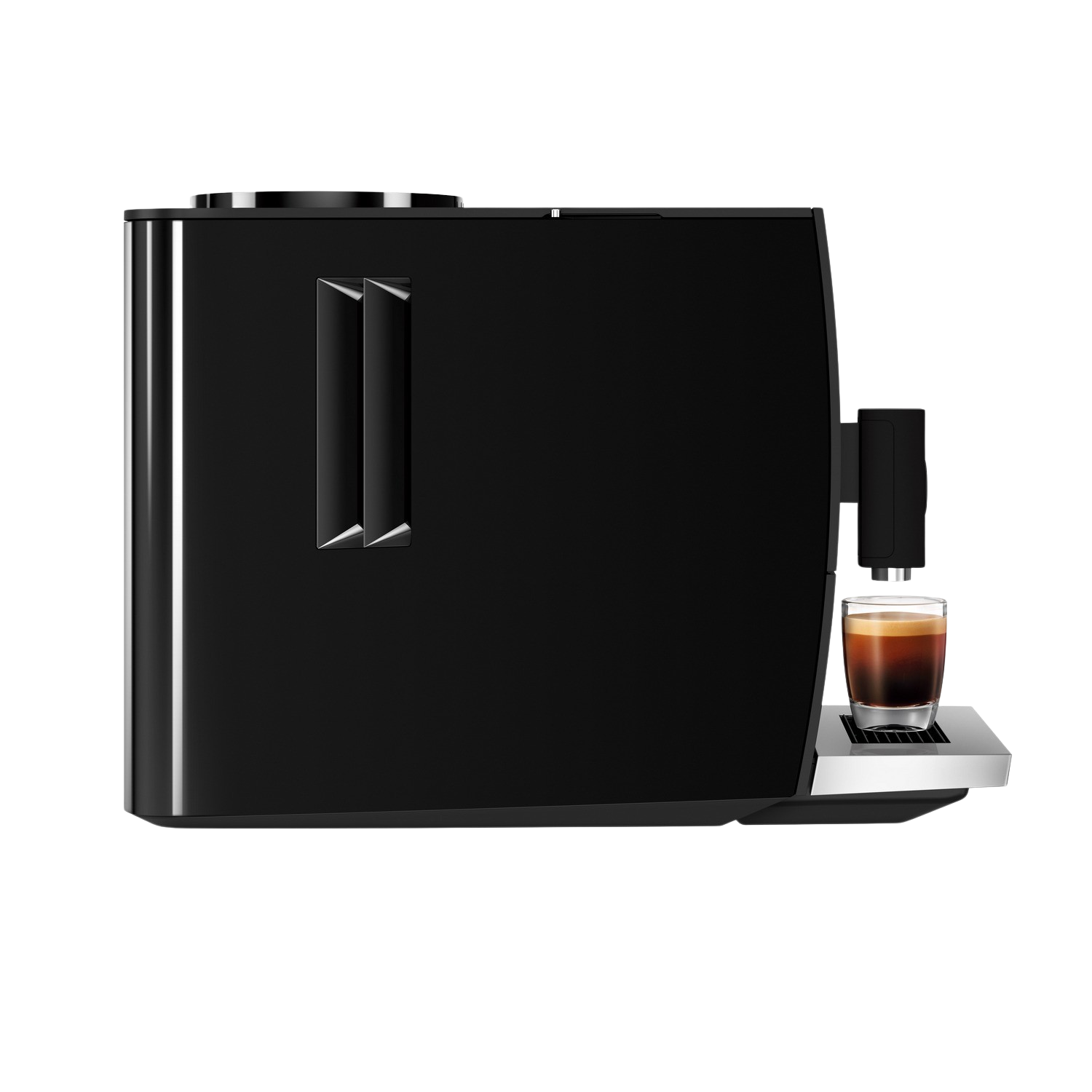 Czarny ekspres do kawy, widok z boku, ze szklanką espresso na srebrnej tacy.