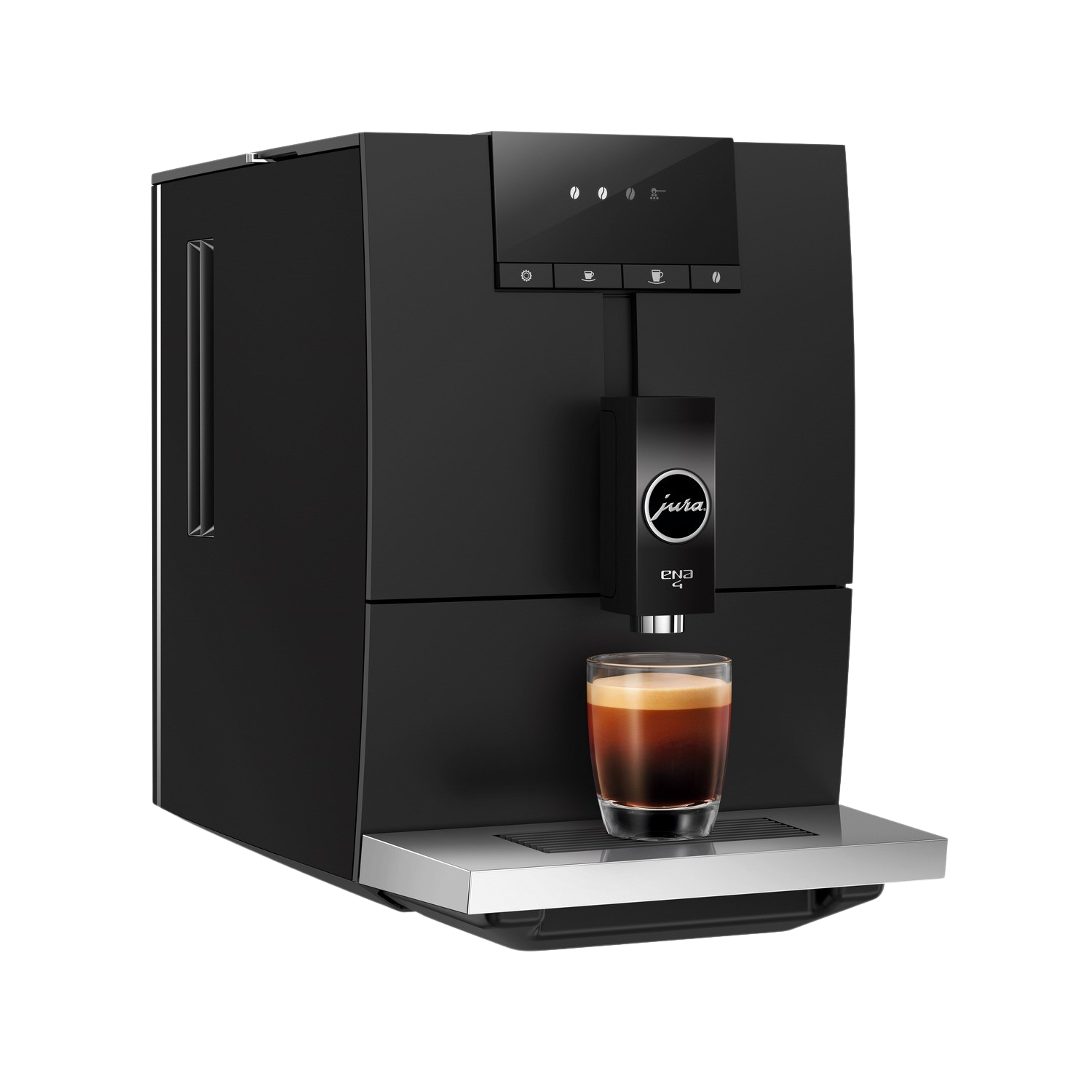 Czarny ekspres do kawy Jura ENA 8 ze szklanką espresso, na białym tle.