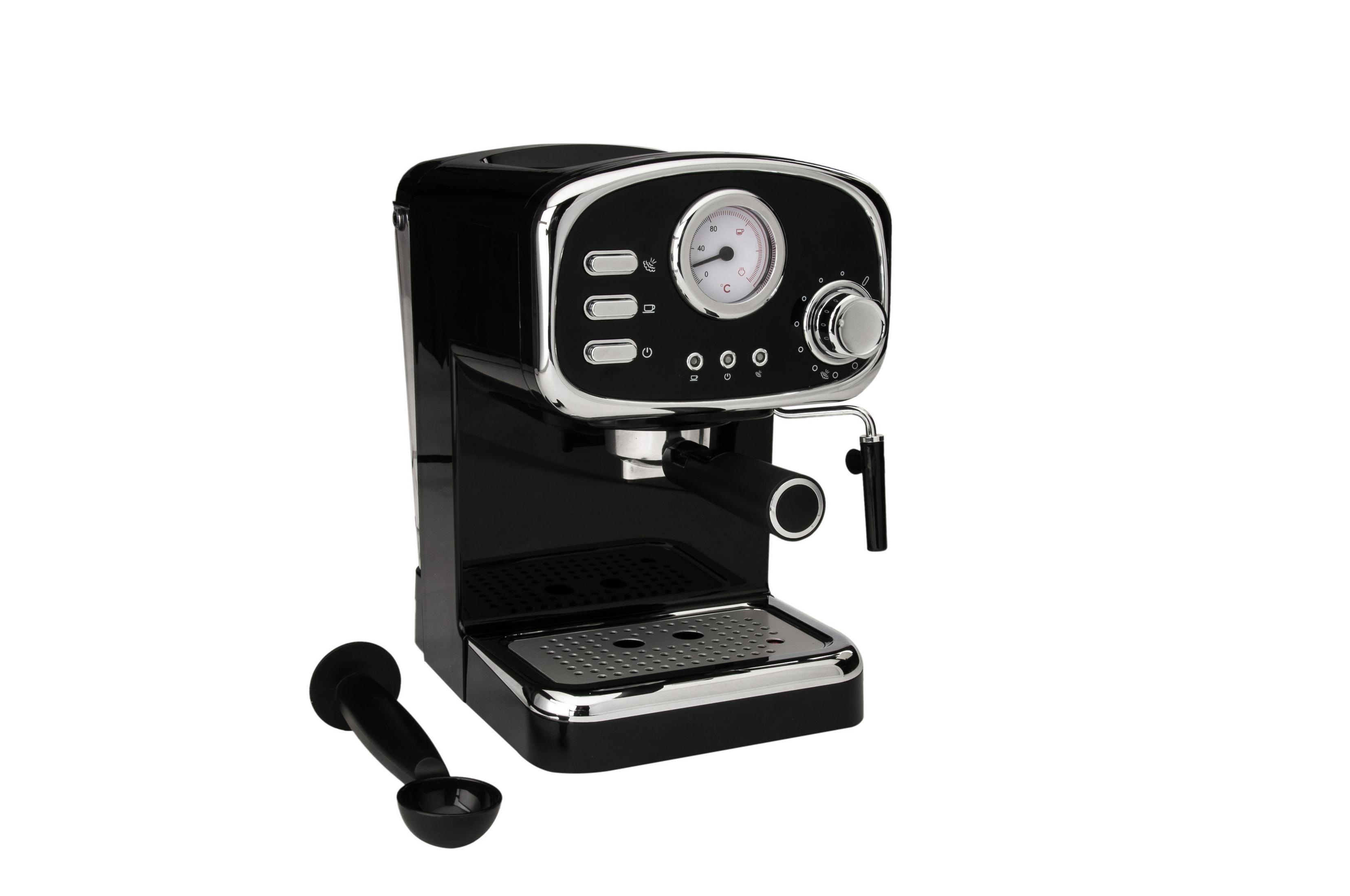 Czarny ekspres do kawy z chromowanymi elementami. Zawiera kolbę. Na białym tle.