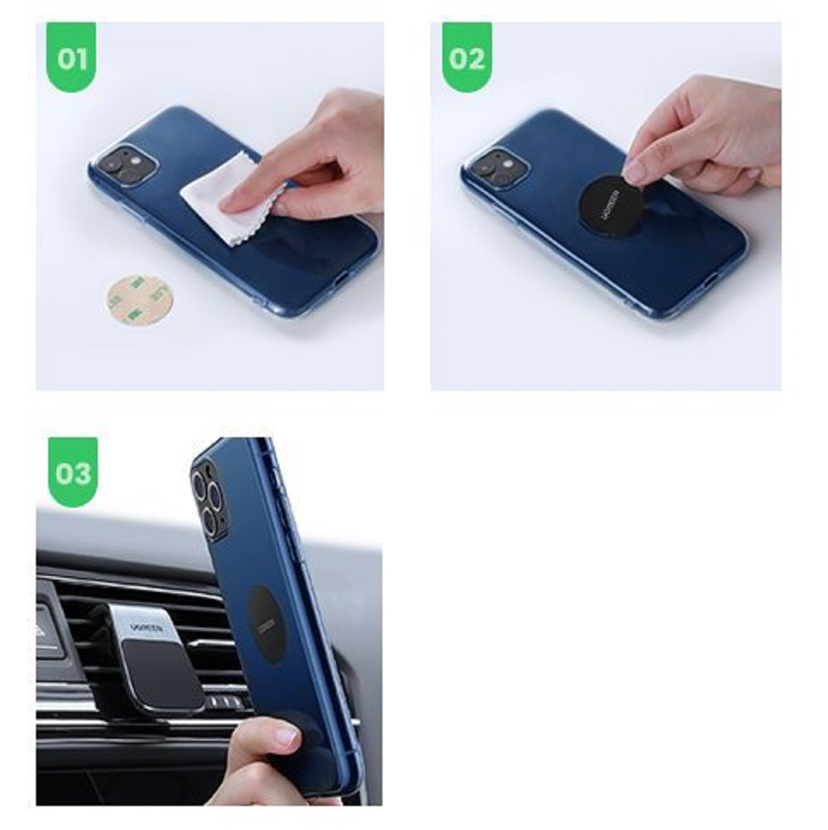 Hände reinigen ein Telefon, bringen einen Magnetaufkleber an und befestigen das Telefon dann an einer Autolüftung.