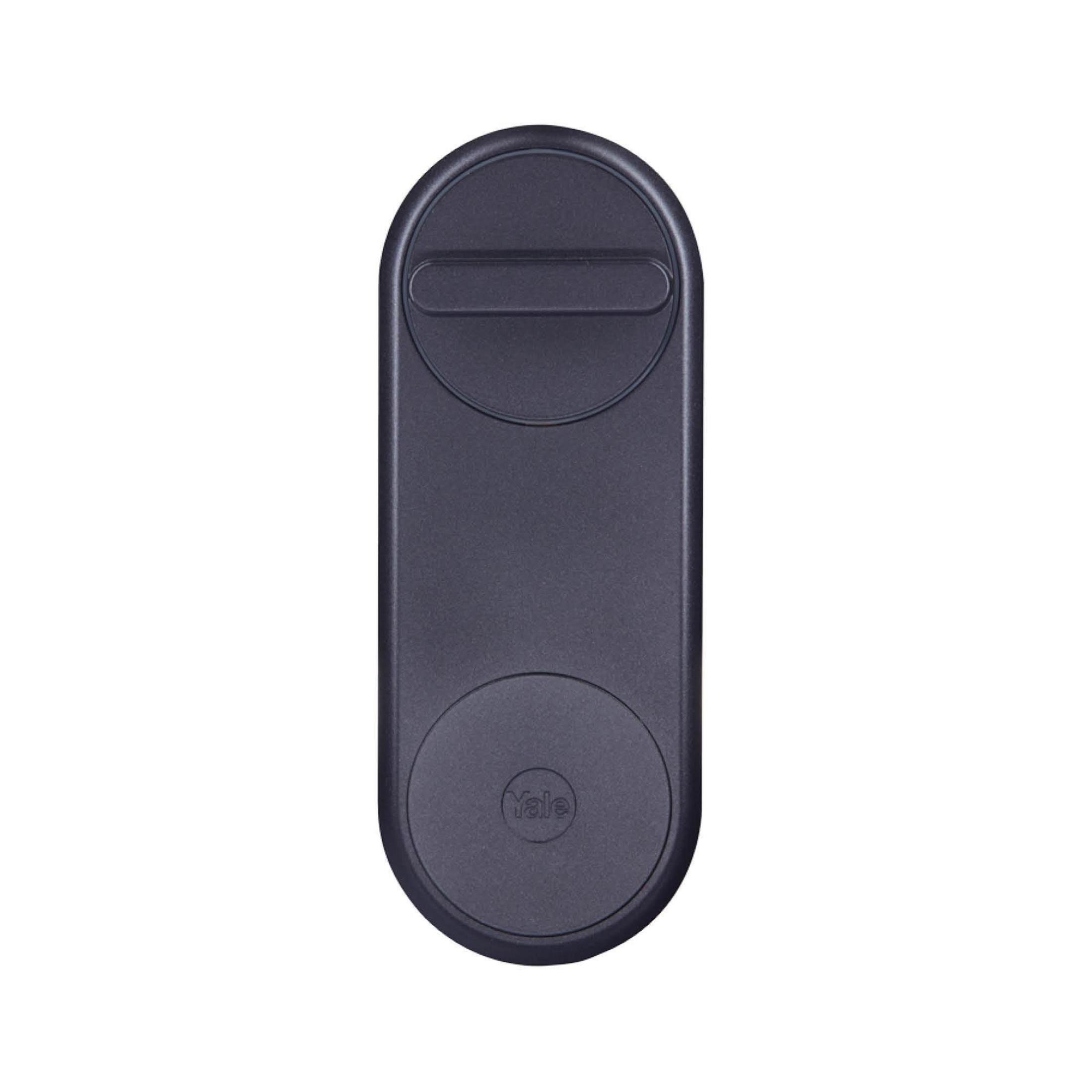 Ein schwarzes Yale Smart Lock vor weißem Hintergrund. Das Design ist oval mit rundem Boden.