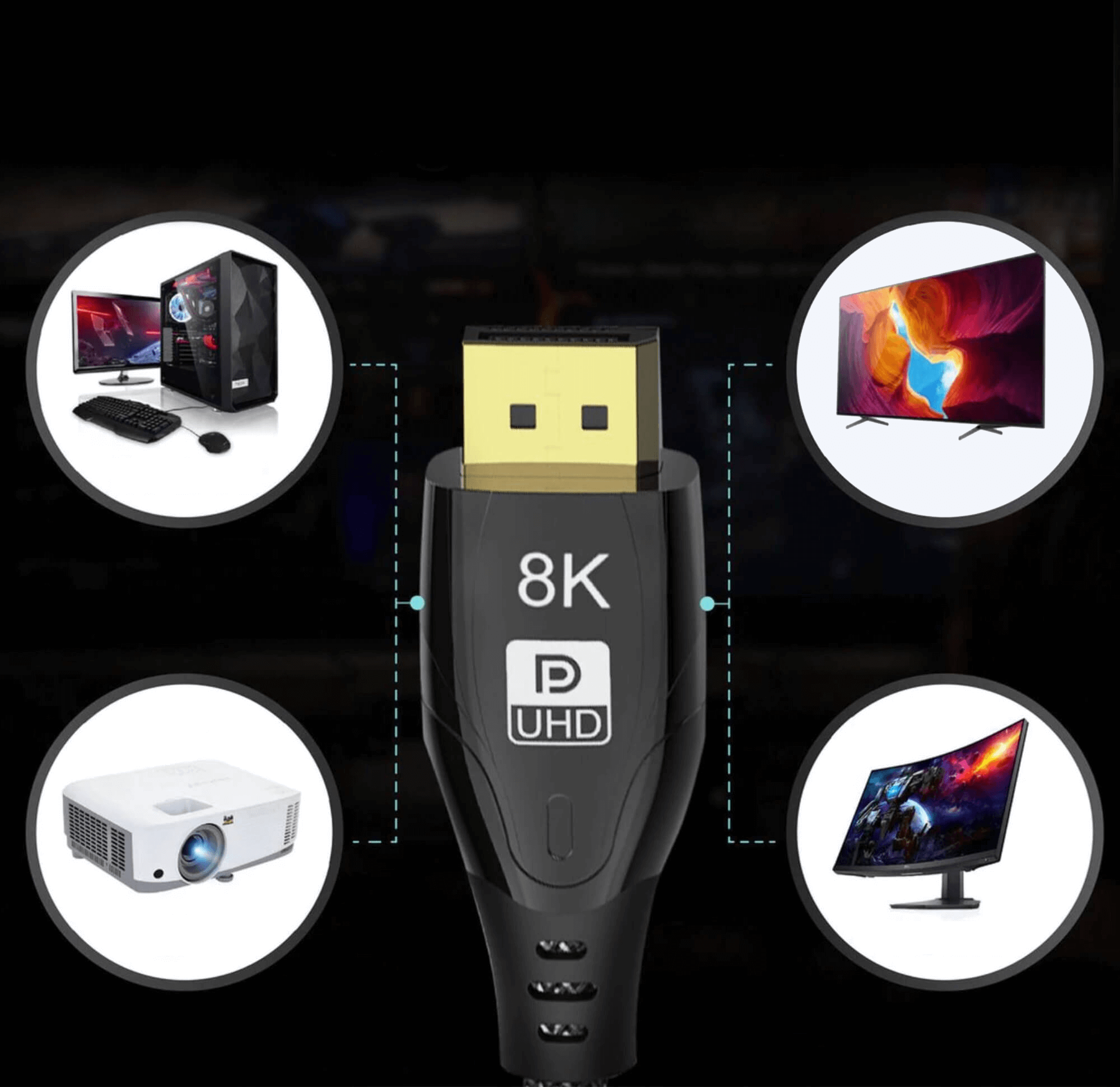 Czarny kabel HDMI z podłączonymi urządzeniami. Widoczny tekst 8K UHD i ikony.