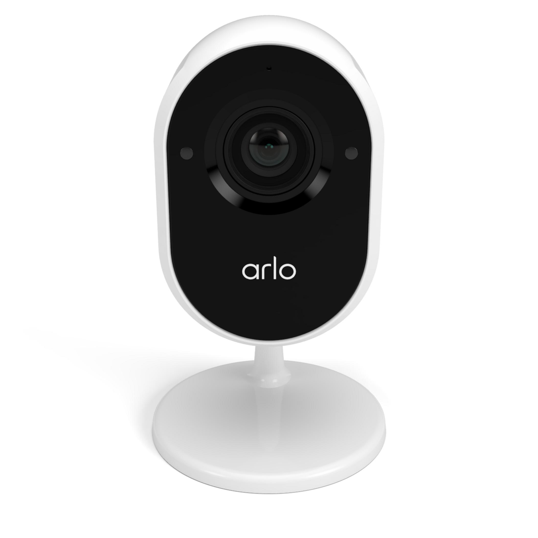 Biała kamera monitoringu Arlo z czarnym obiektywem i podstawą.