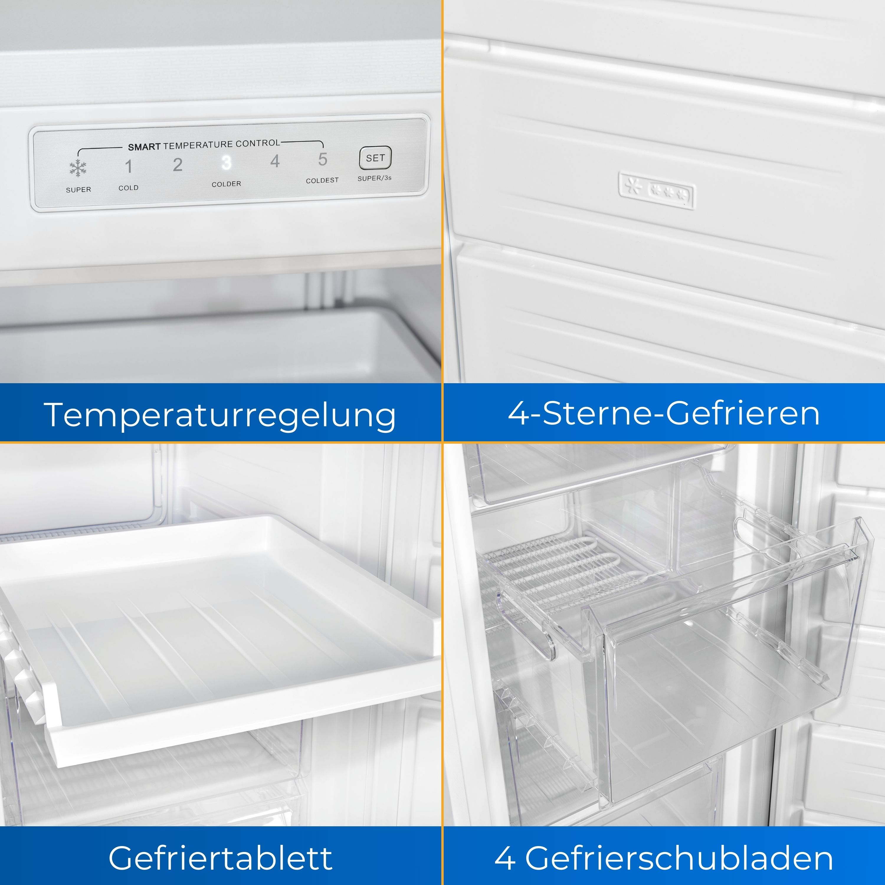 Der Innenraum eines Kühlschranks mit Regalen, Schubladen und Temperaturreglern.
