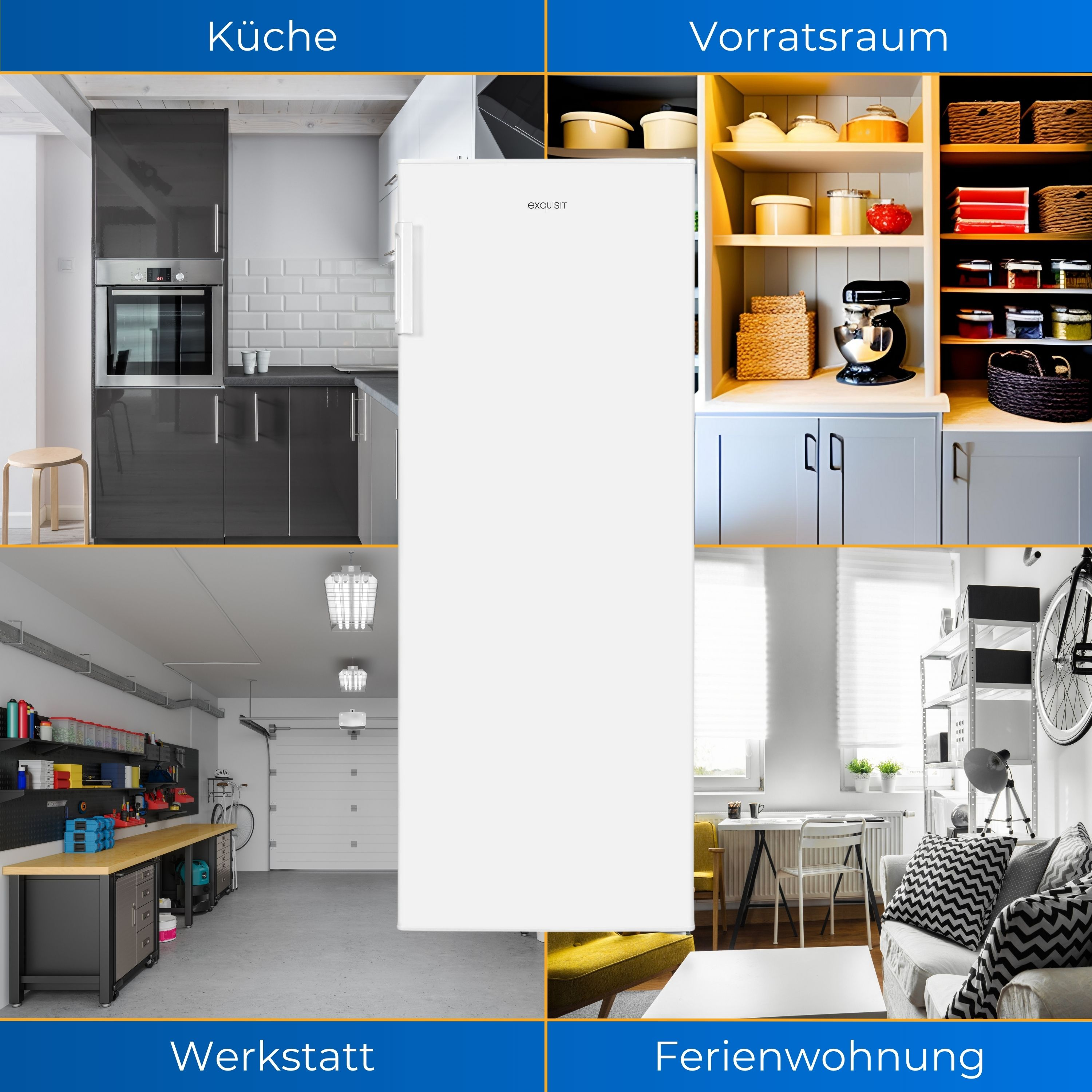 Vier Bilder von verschiedenen Räumen: Küche, Vorratsraum, Werkstatt und Ferienwohnung. Ein weißer Kühlschrank steht in der Mitte.