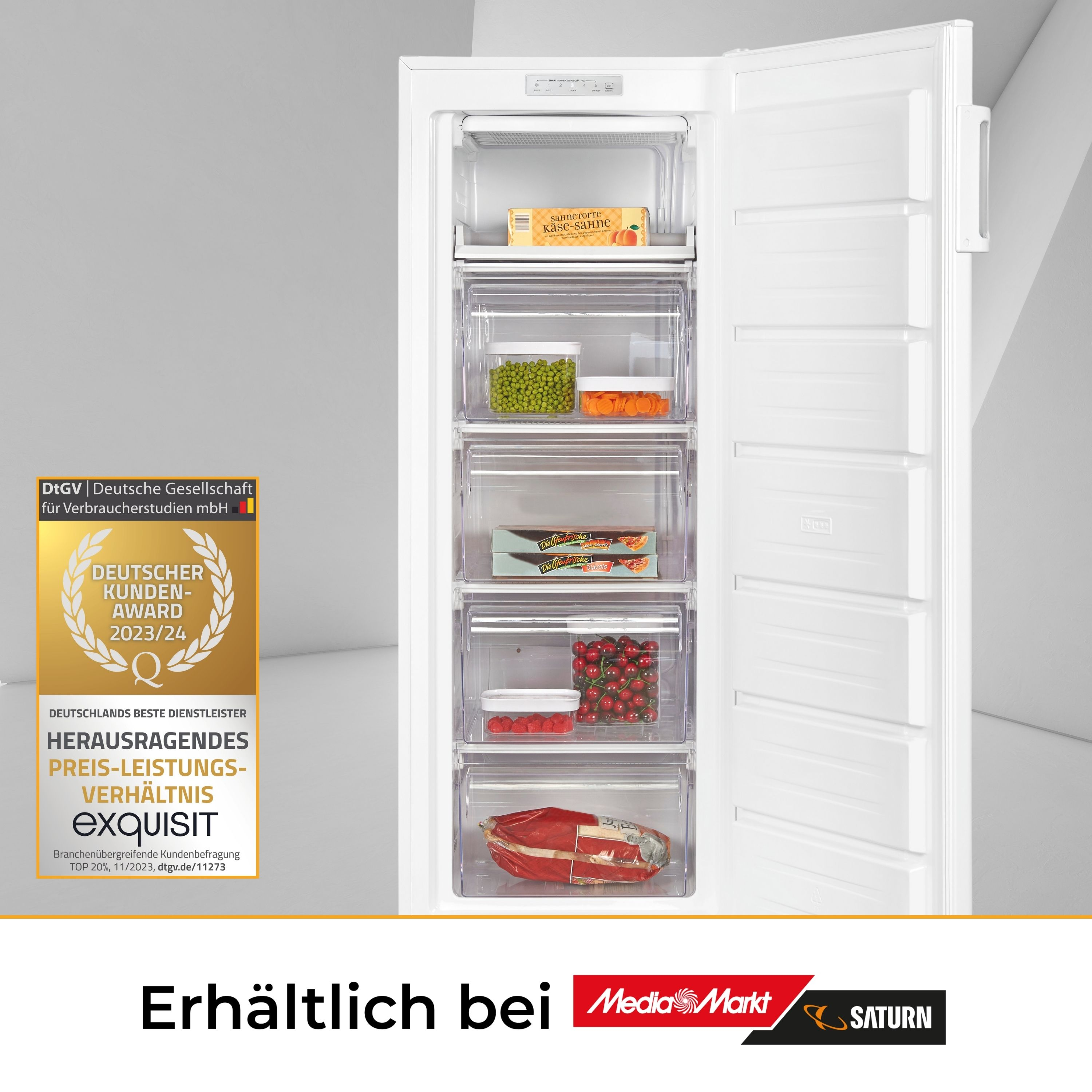Gefrierschrank mit offener Tür, mit Lebensmittelschubladen. Text: Deutscher Kunden Award.