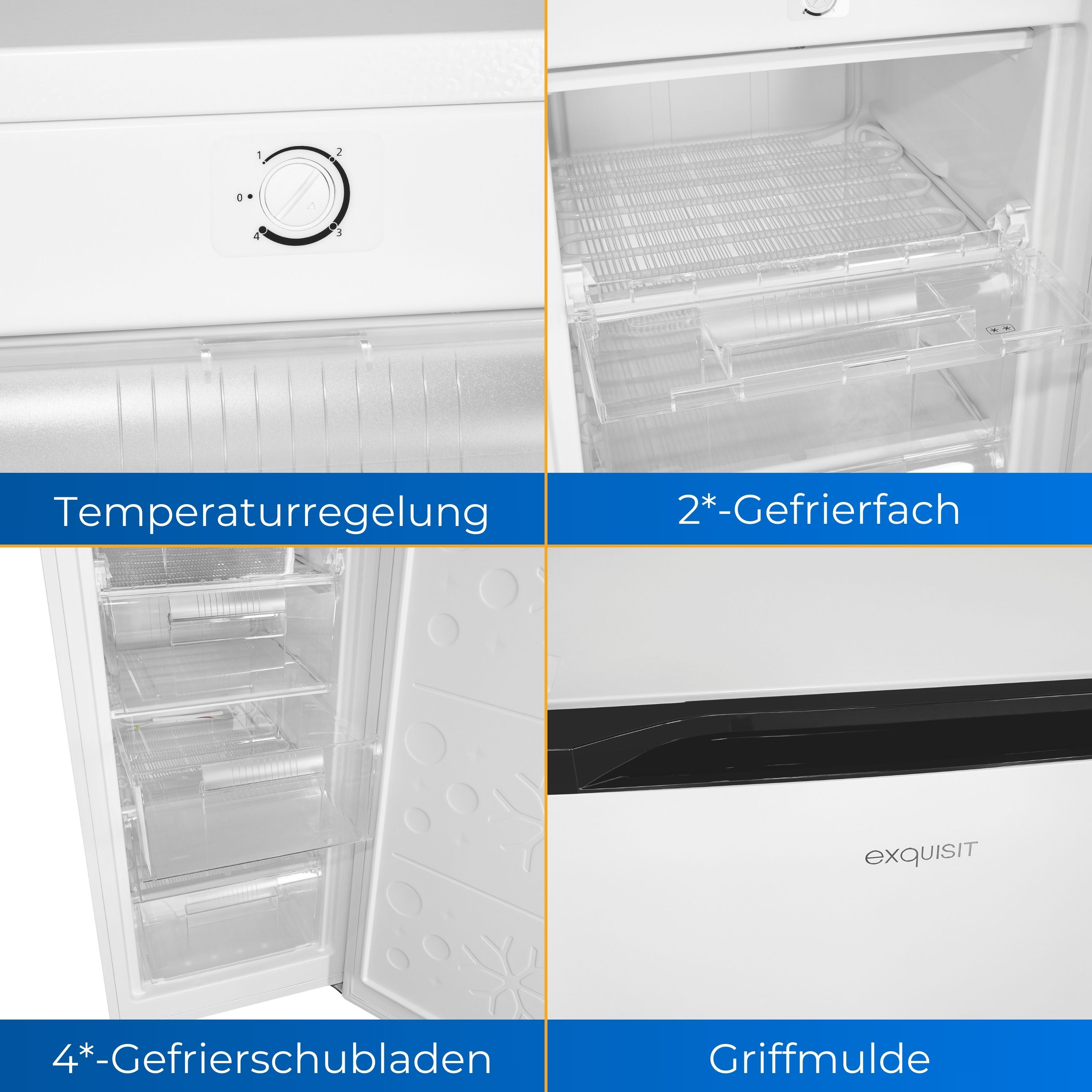 Vierteiliges Bild des Kühlschrankinnenraums mit Gefrierschubladen und Temperaturregelung.